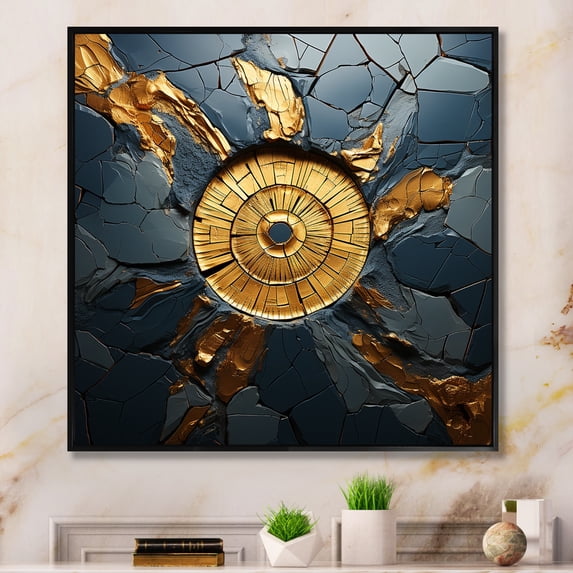 Designart "Gold and Black Mosaic Patterns I" Abstract Framed Wall Art - Transitional Black Abstract Tile Bedroom Framed Canvas Wall Art