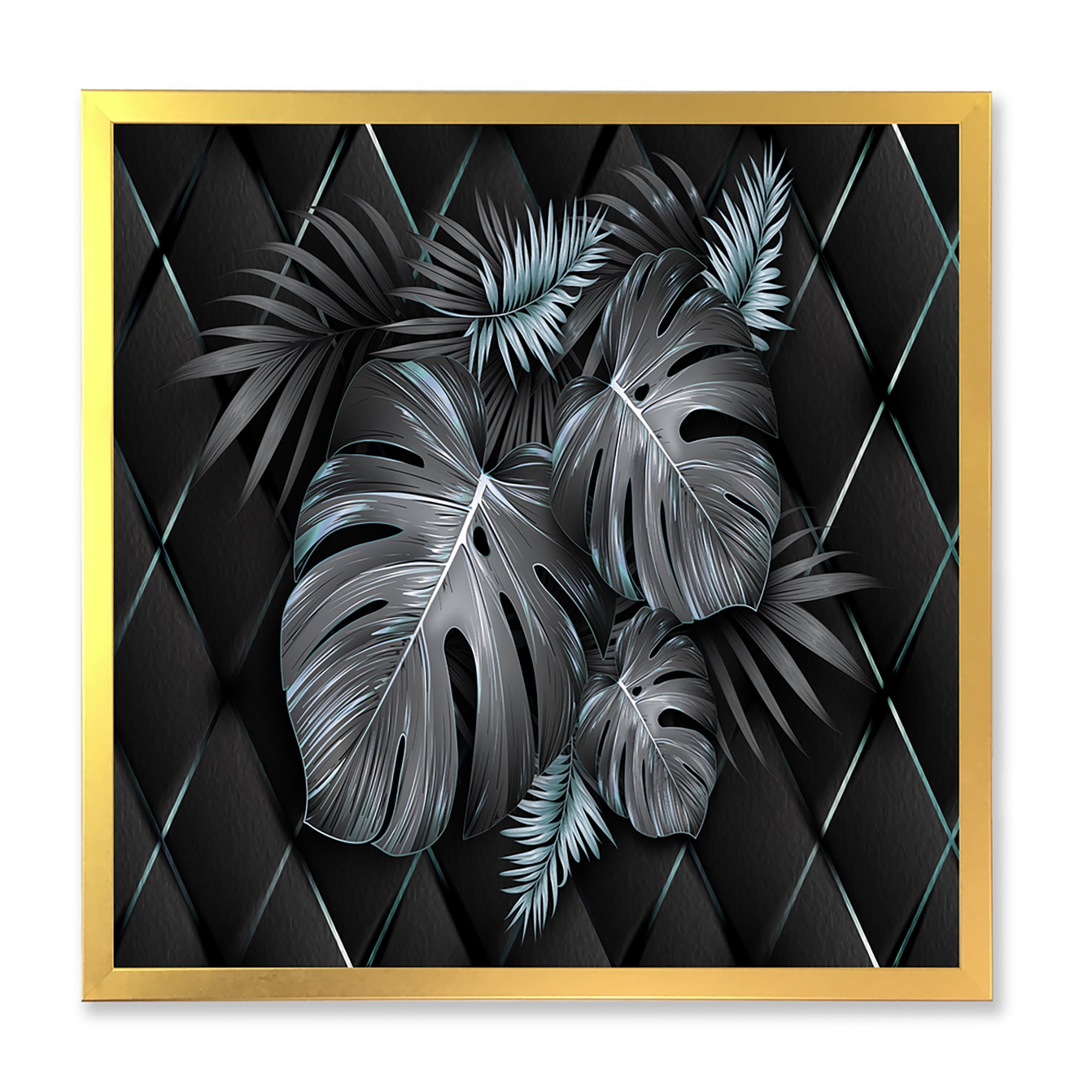 Designart 'Gold and Black Tropical Leaves I' Modern Framed Art Print