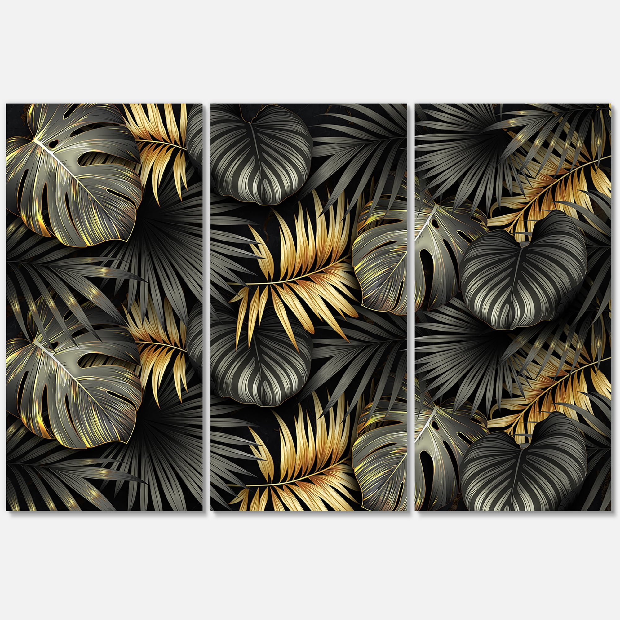 Designart ' Gold and Black Tropical Leaves II ' Modern Canvas Wall Art Print
