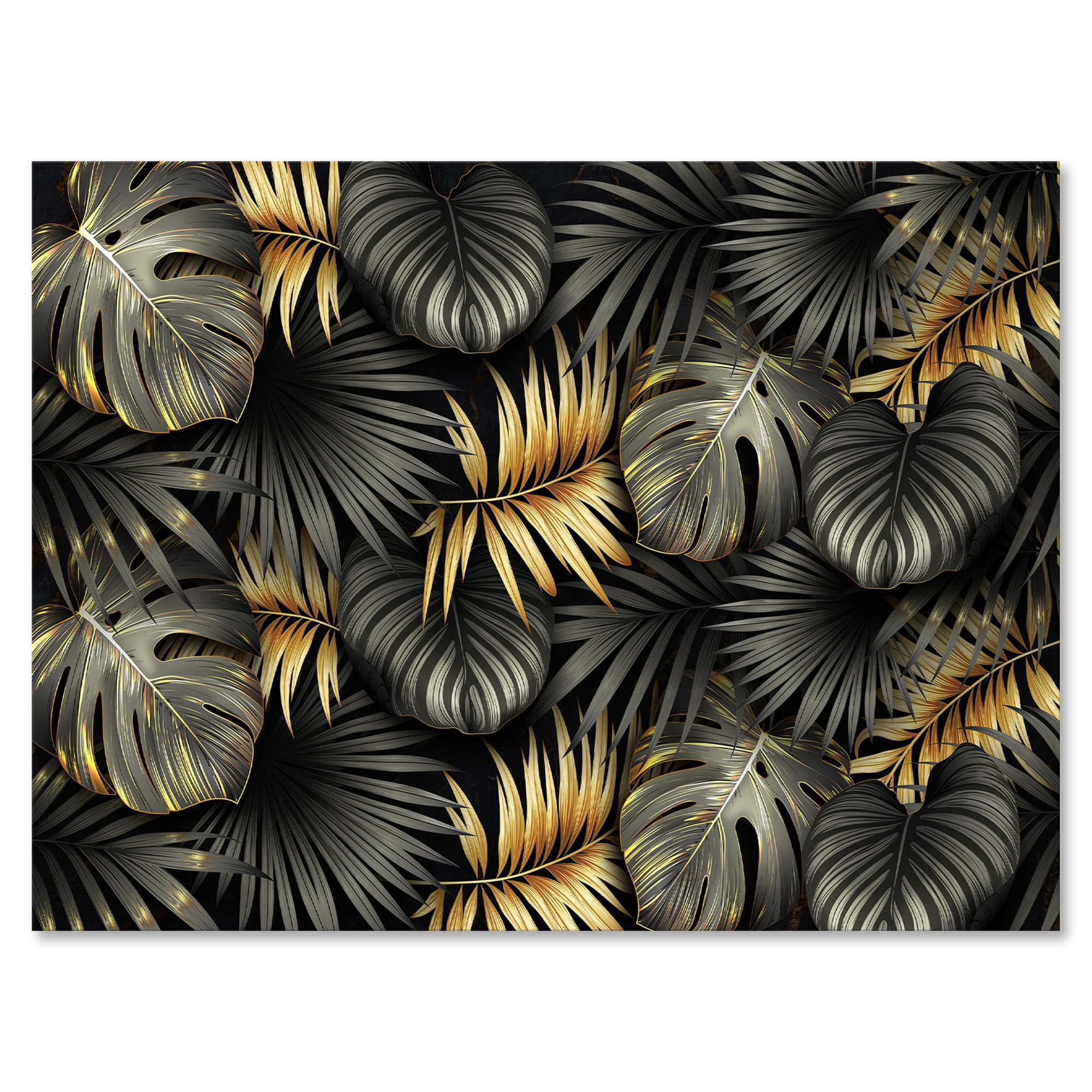 Designart ' Gold and Black Tropical Leaves II ' Modern Canvas Wall Art Print