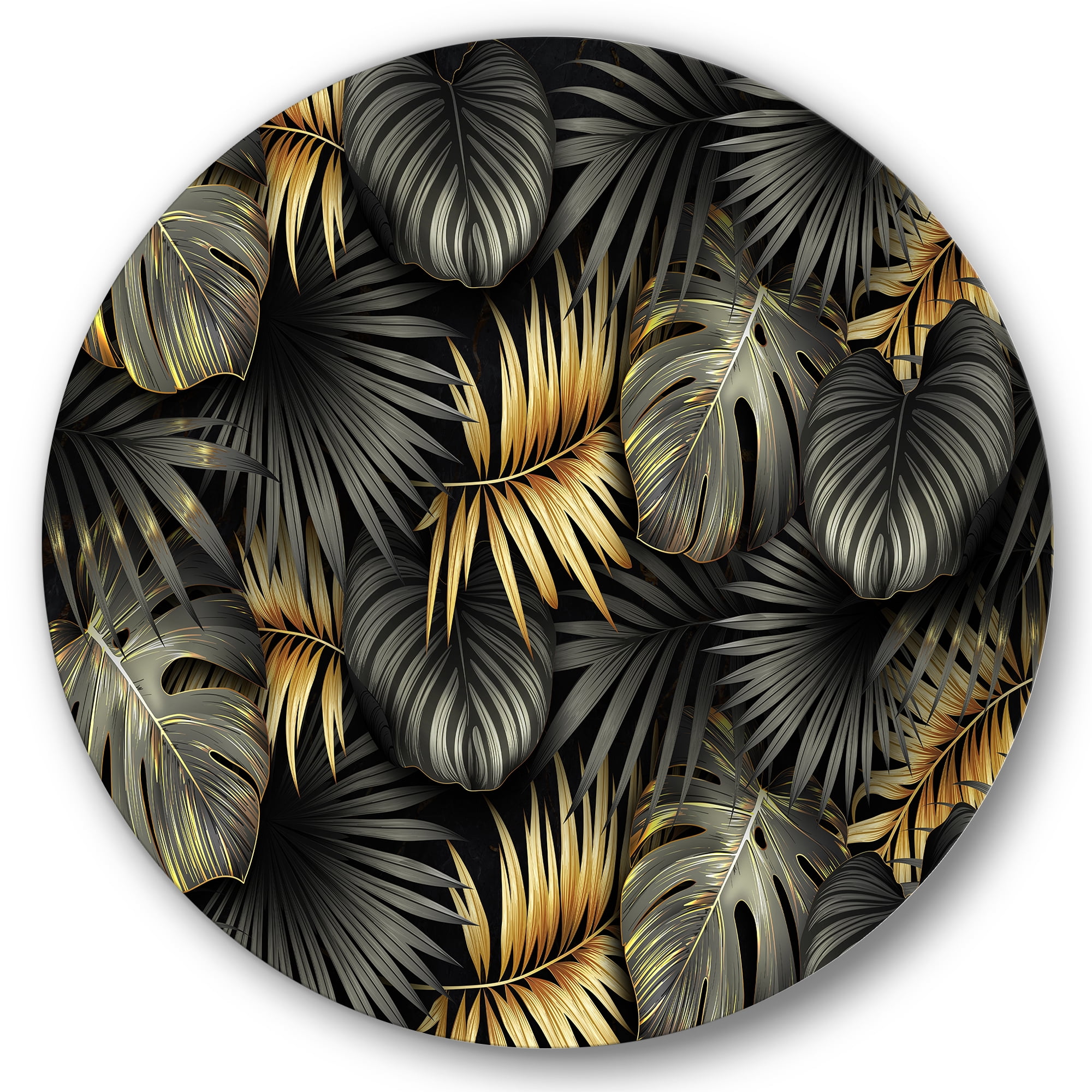 Designart 'Gold and Black Tropical Leaves II' Modern Circle Metal Wall Art 23x23 - Disc of 23