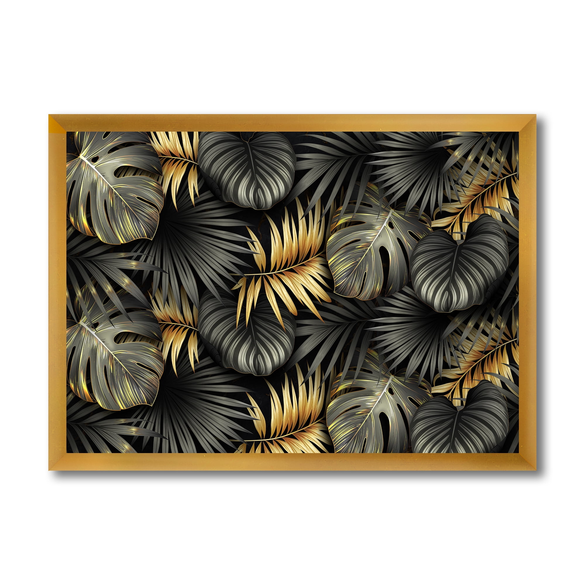 Designart 'Gold and Black Tropical Leaves II' Modern Framed Art Print