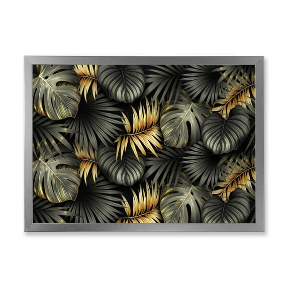 Designart 'Gold and Black Tropical Leaves II' Modern Framed Art Print