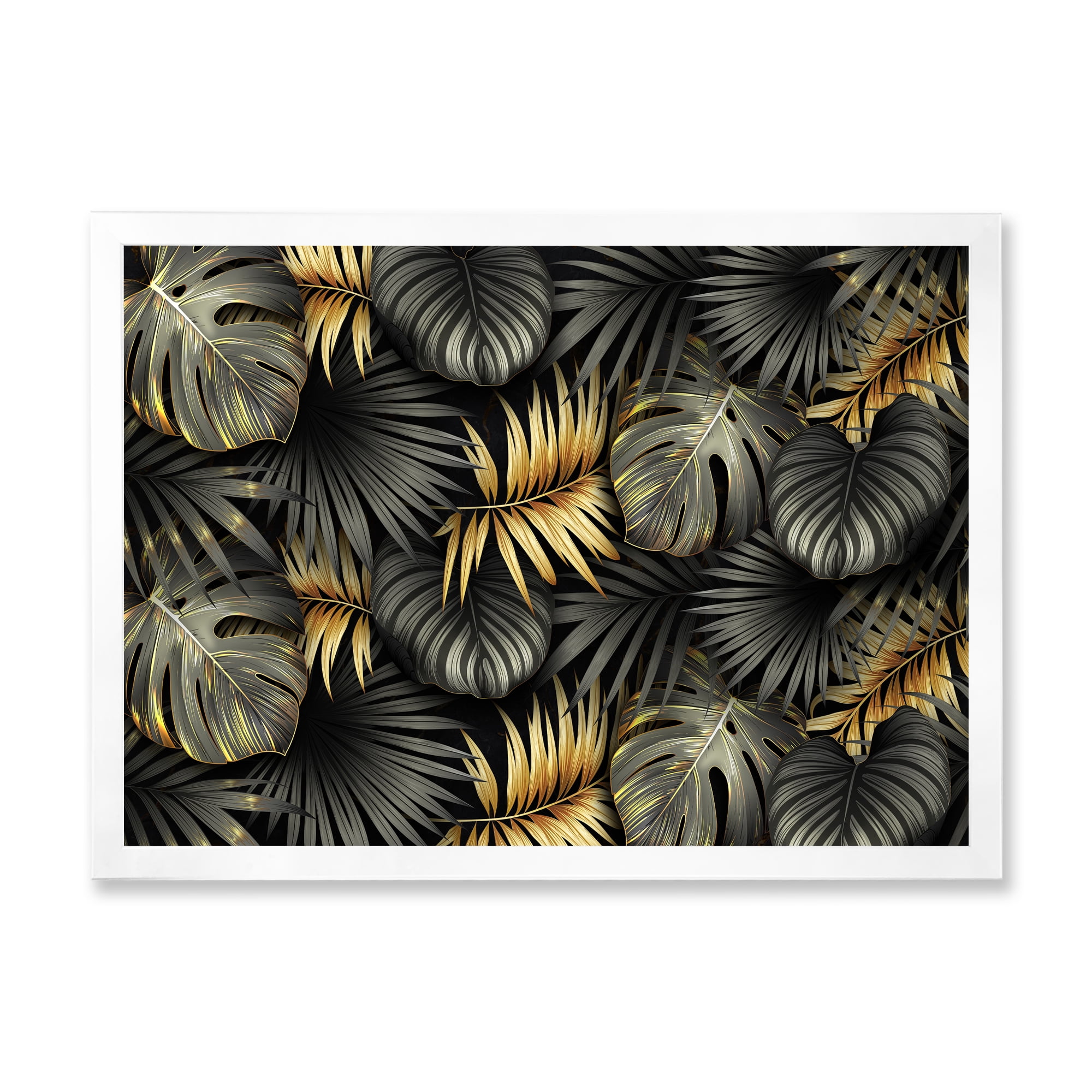 Designart 'Gold and Black Tropical Leaves II' Modern Framed Art Print