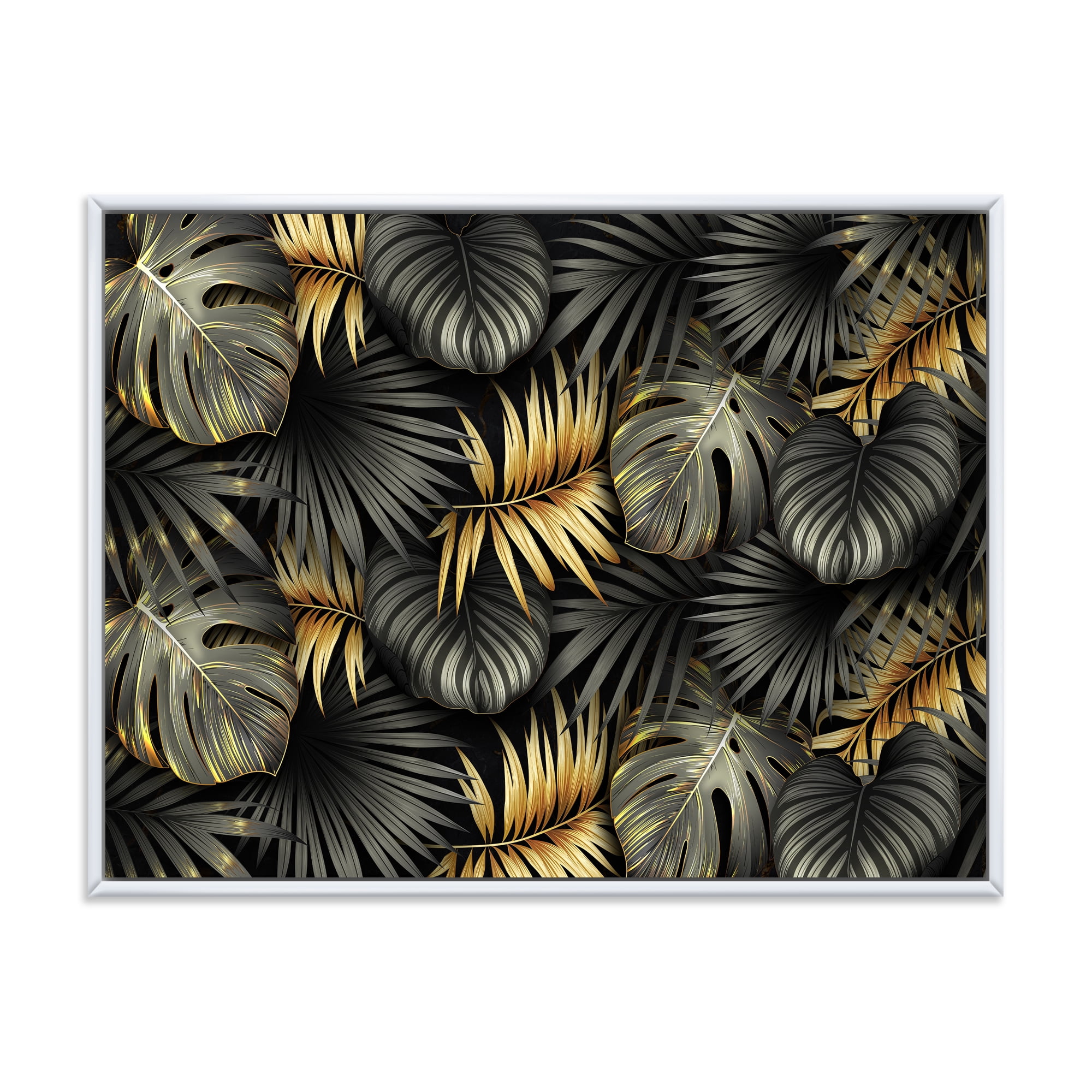 Designart 'Gold and Black Tropical Leaves II' Modern Framed Canvas Wall Art Print