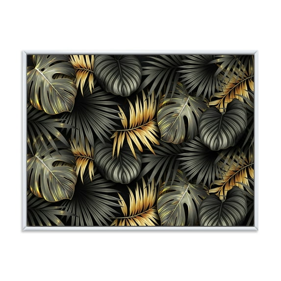 Designart 'Gold and Black Tropical Leaves II' Modern Framed Canvas Wall Art Print