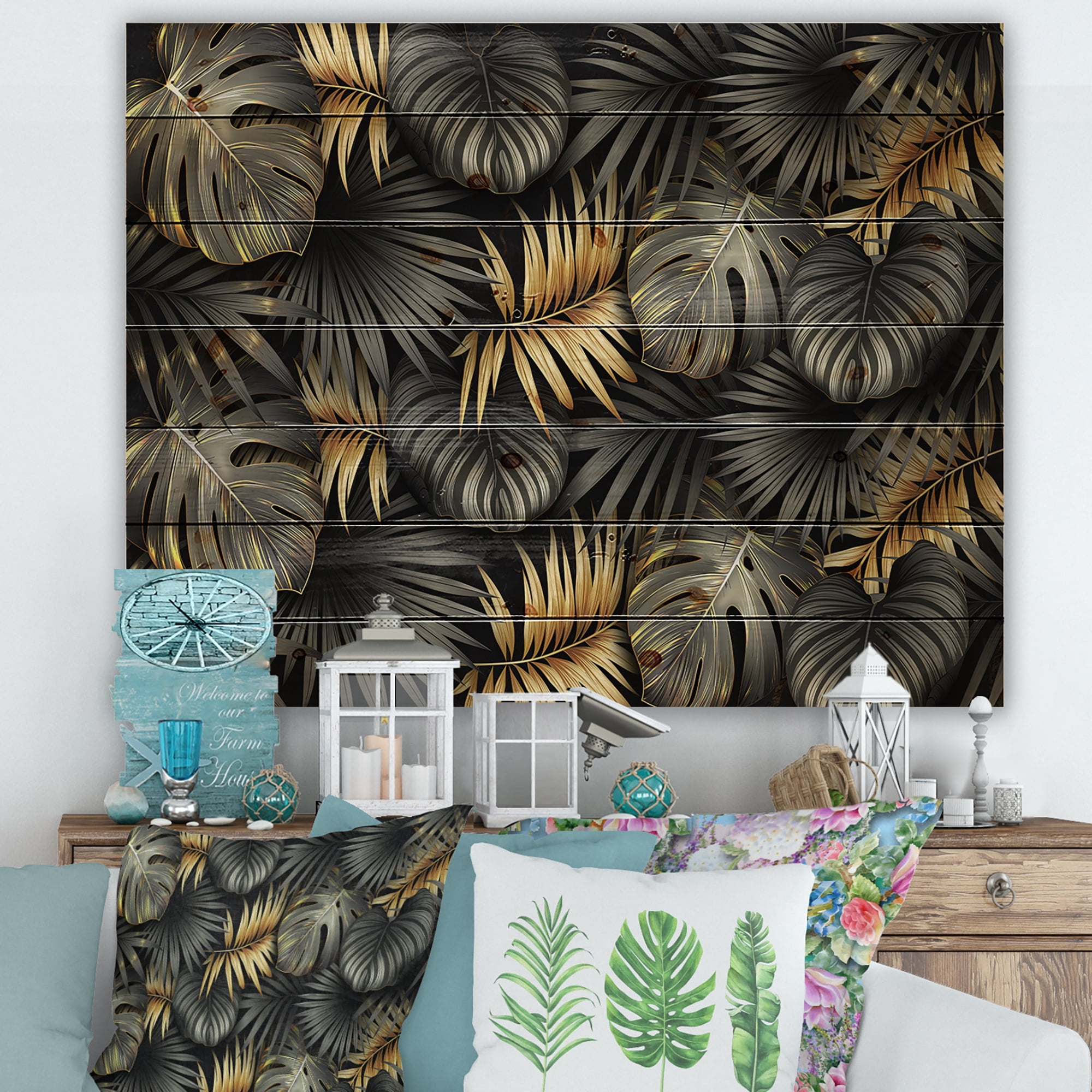 Designart 'Gold and Black Tropical Leaves II' Modern Print on Natural Pine Wood