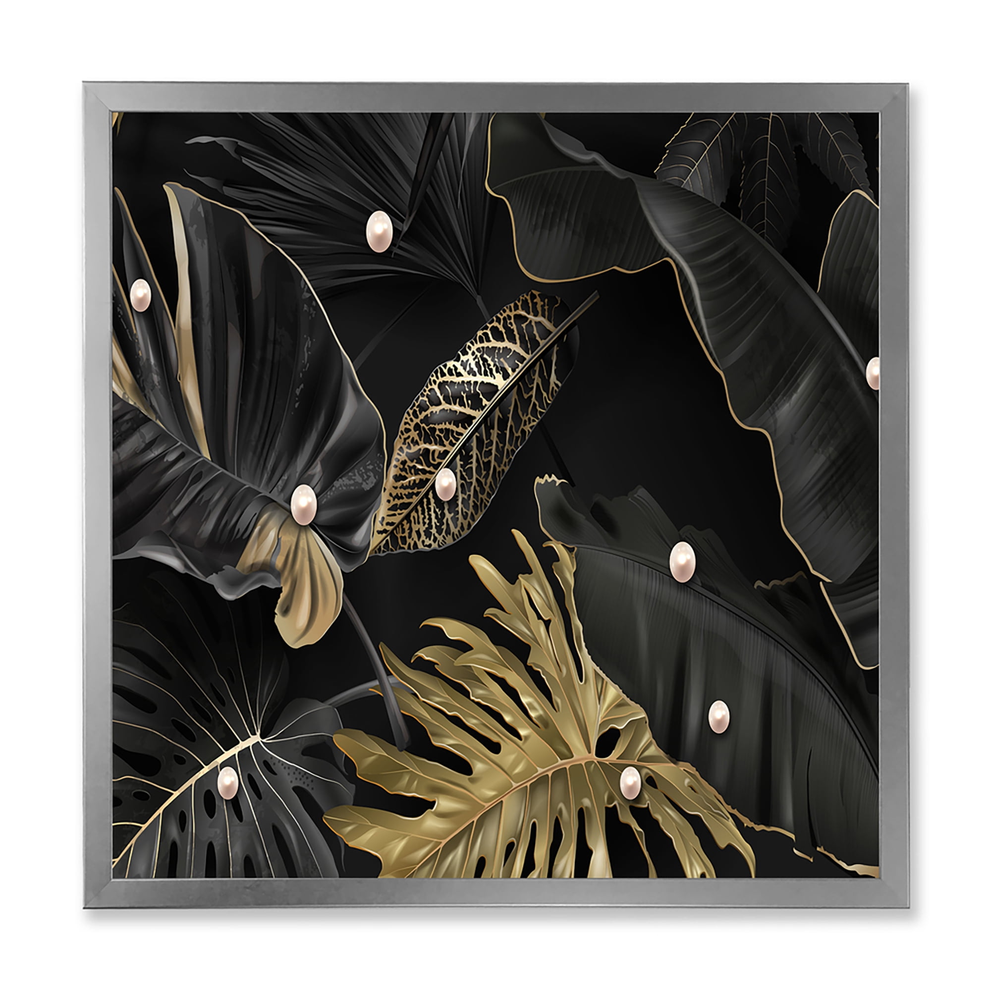 Designart 'Gold and Black Tropical Leaves III' Modern Framed Art Print