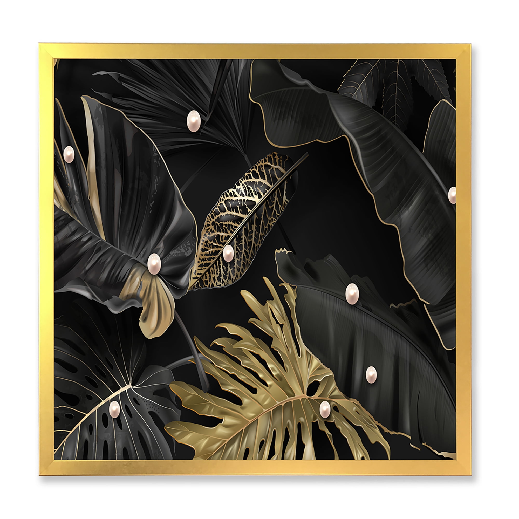 Designart 'Gold and Black Tropical Leaves III' Modern Framed Art Print