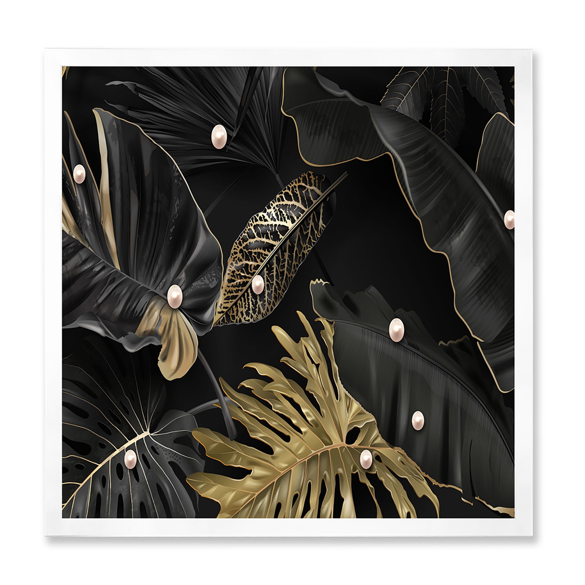 Designart 'Gold and Black Tropical Leaves III' Modern Framed Art Print