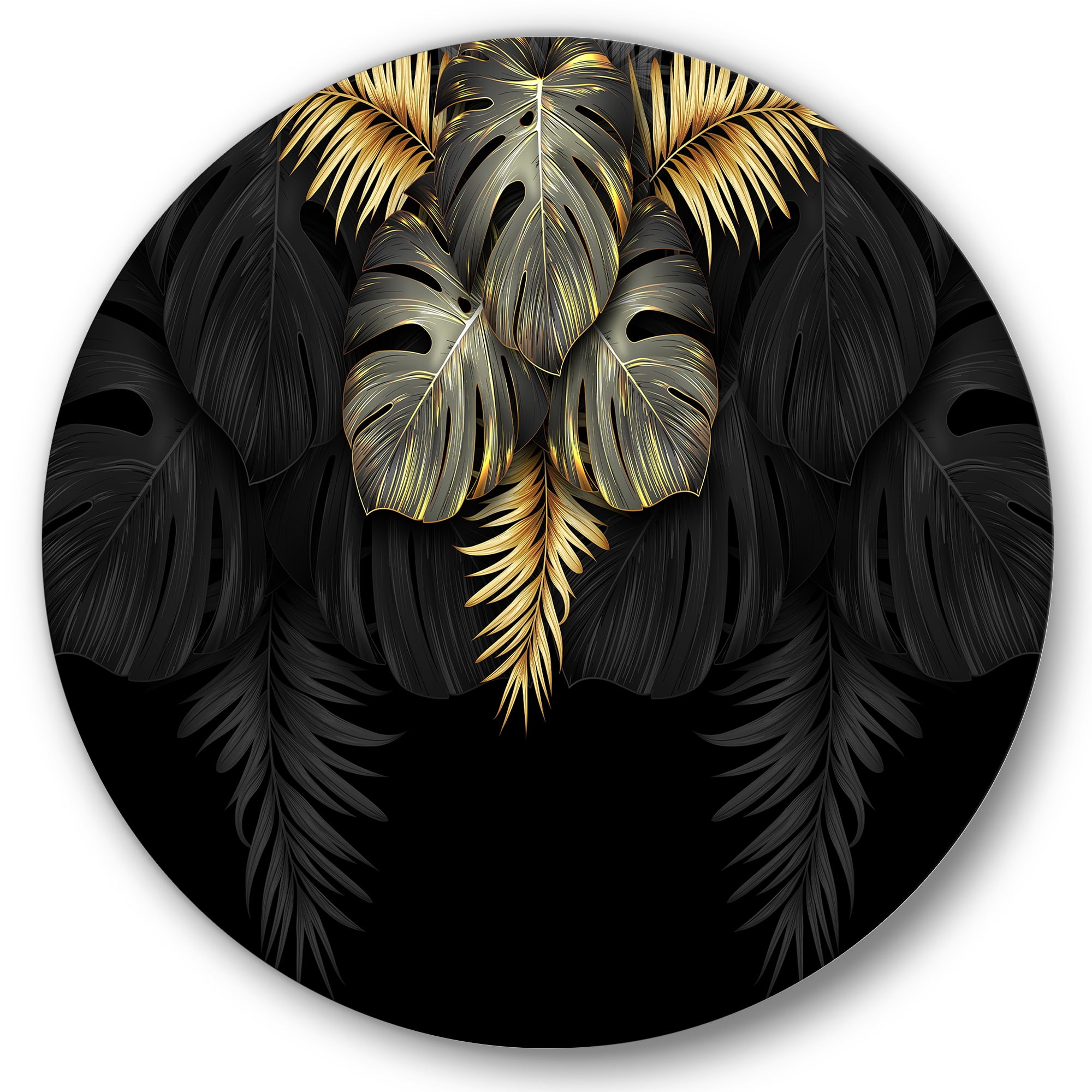 Designart 'Gold and Black Tropical Leaves IV' Modern Circle Metal Wall Art 36x36 - Disc of 36