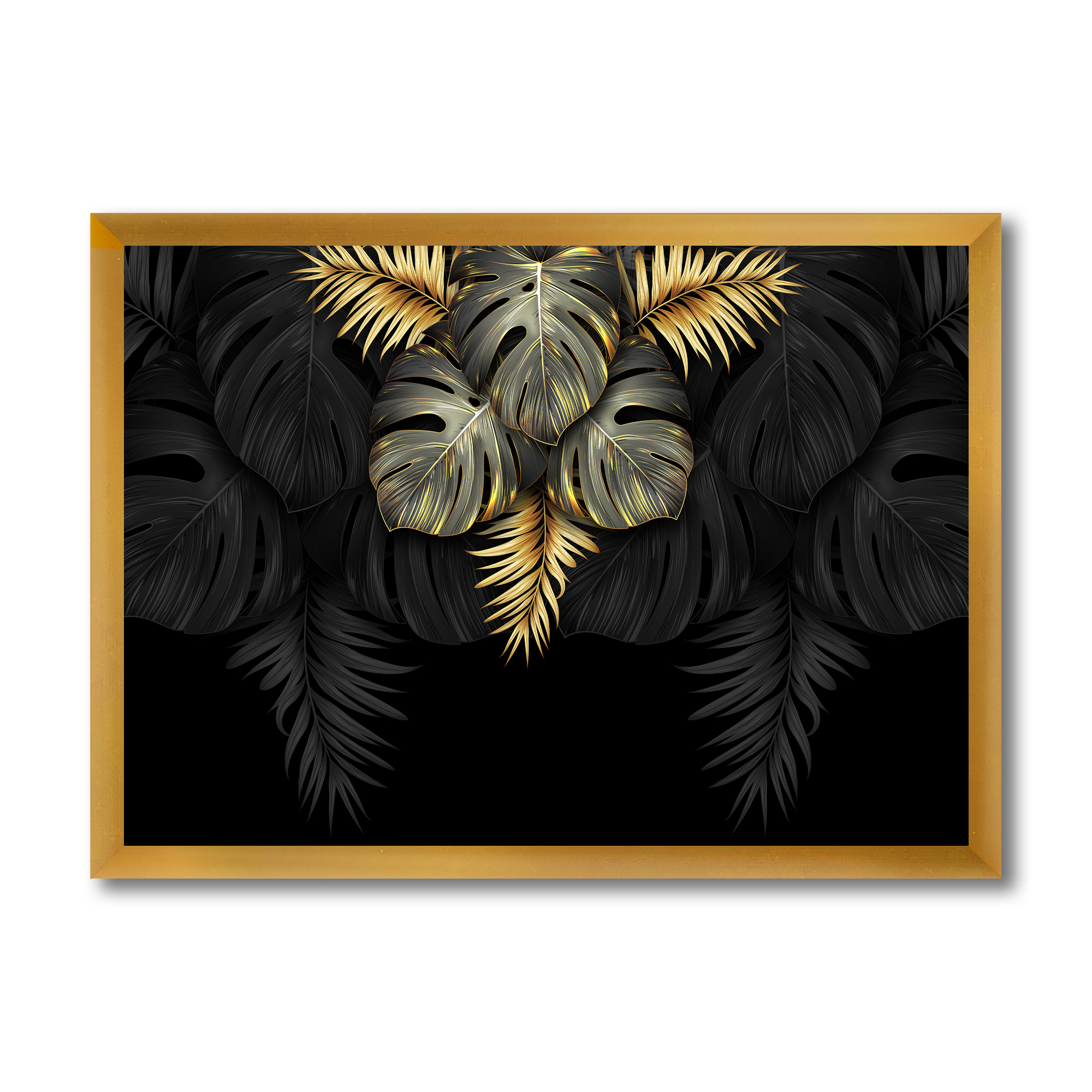 Designart 'Gold and Black Tropical Leaves IV' Modern Framed Art Print
