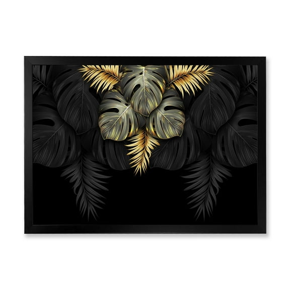 Designart 'Gold and Black Tropical Leaves IV' Modern Framed Art Print