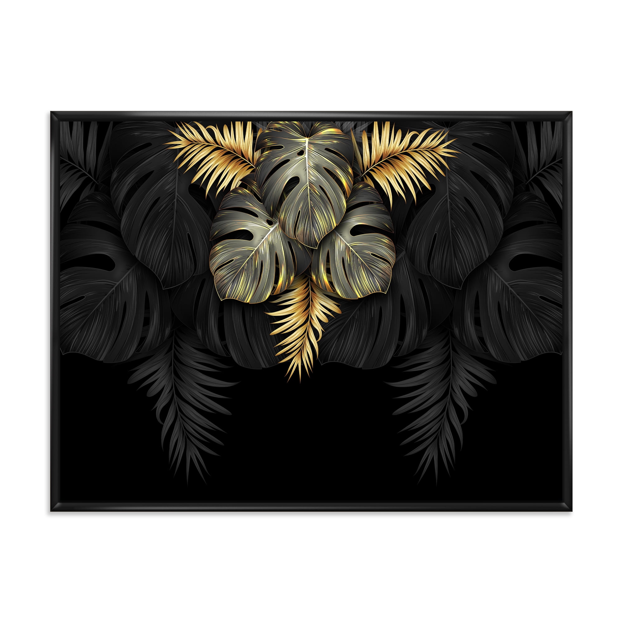 Designart 'Gold and Black Tropical Leaves IV' Modern Framed Canvas Wall Art Print