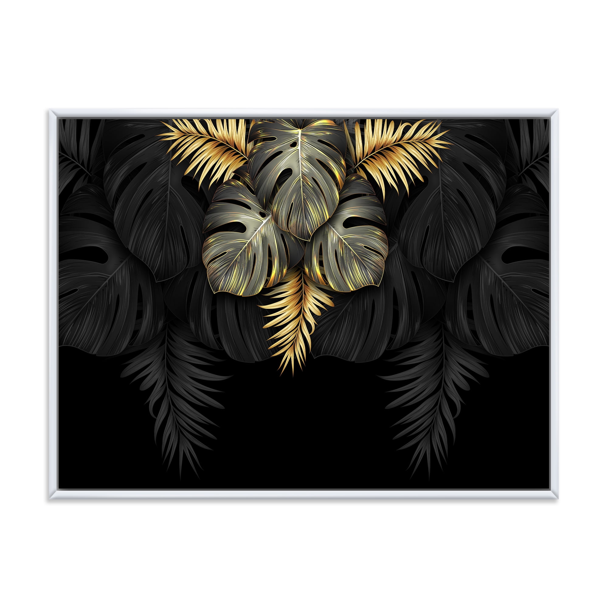 Designart 'Gold and Black Tropical Leaves IV' Modern Framed Canvas Wall Art Print