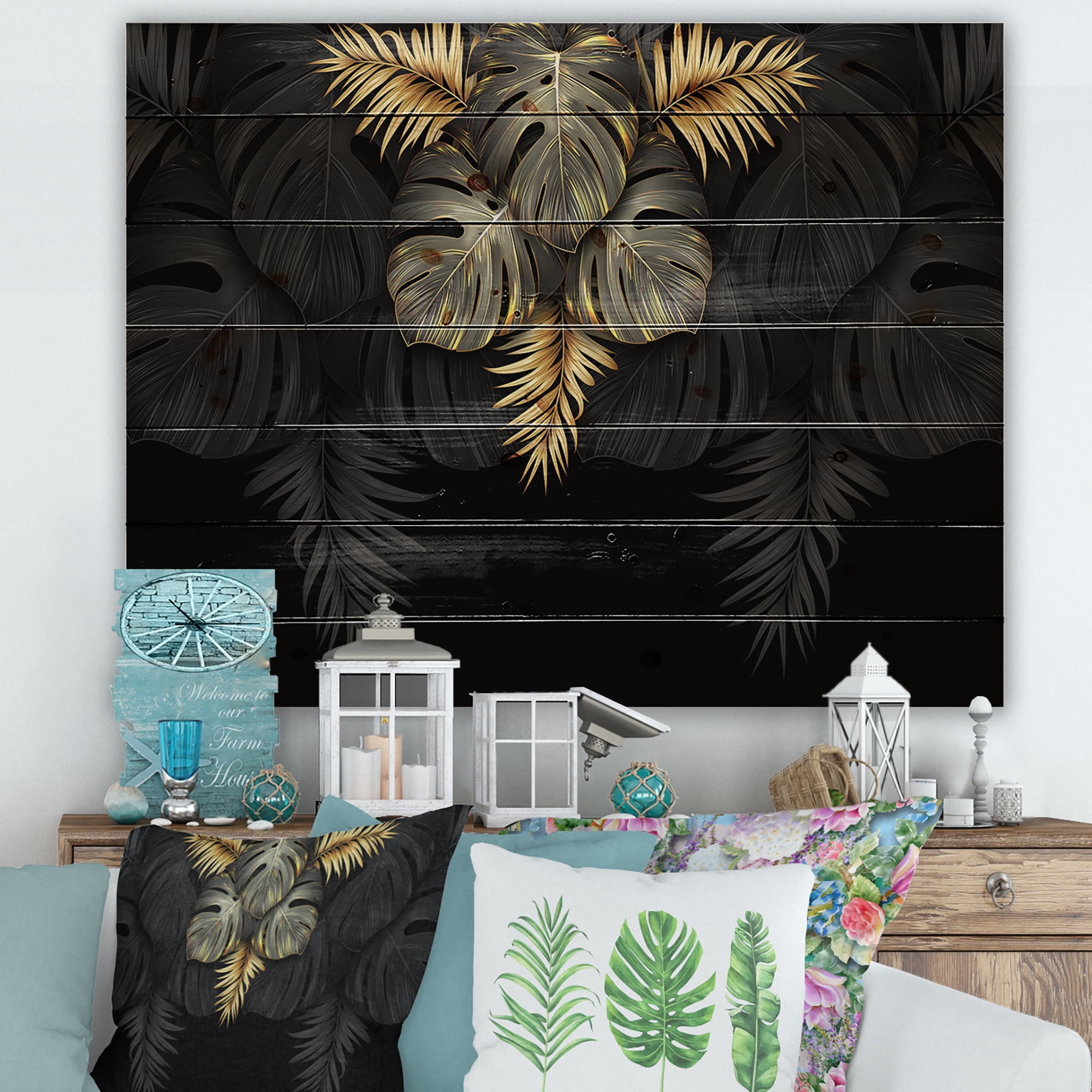 Designart 'Gold and Black Tropical Leaves IV' Modern Print on Natural Pine Wood