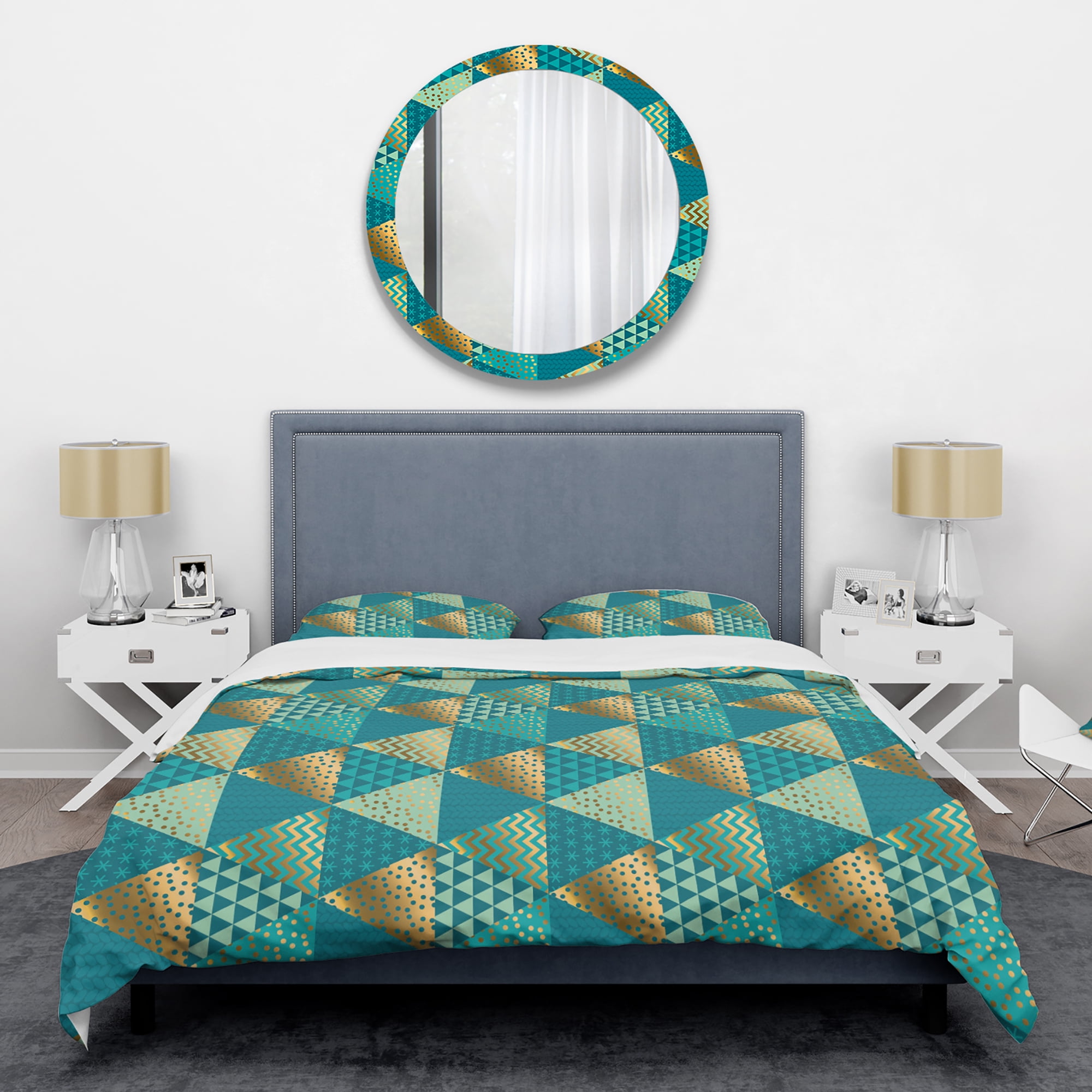 Designart 'Gold and Blue Dynamics I' Mid-Century Modern Duvet Cover Set