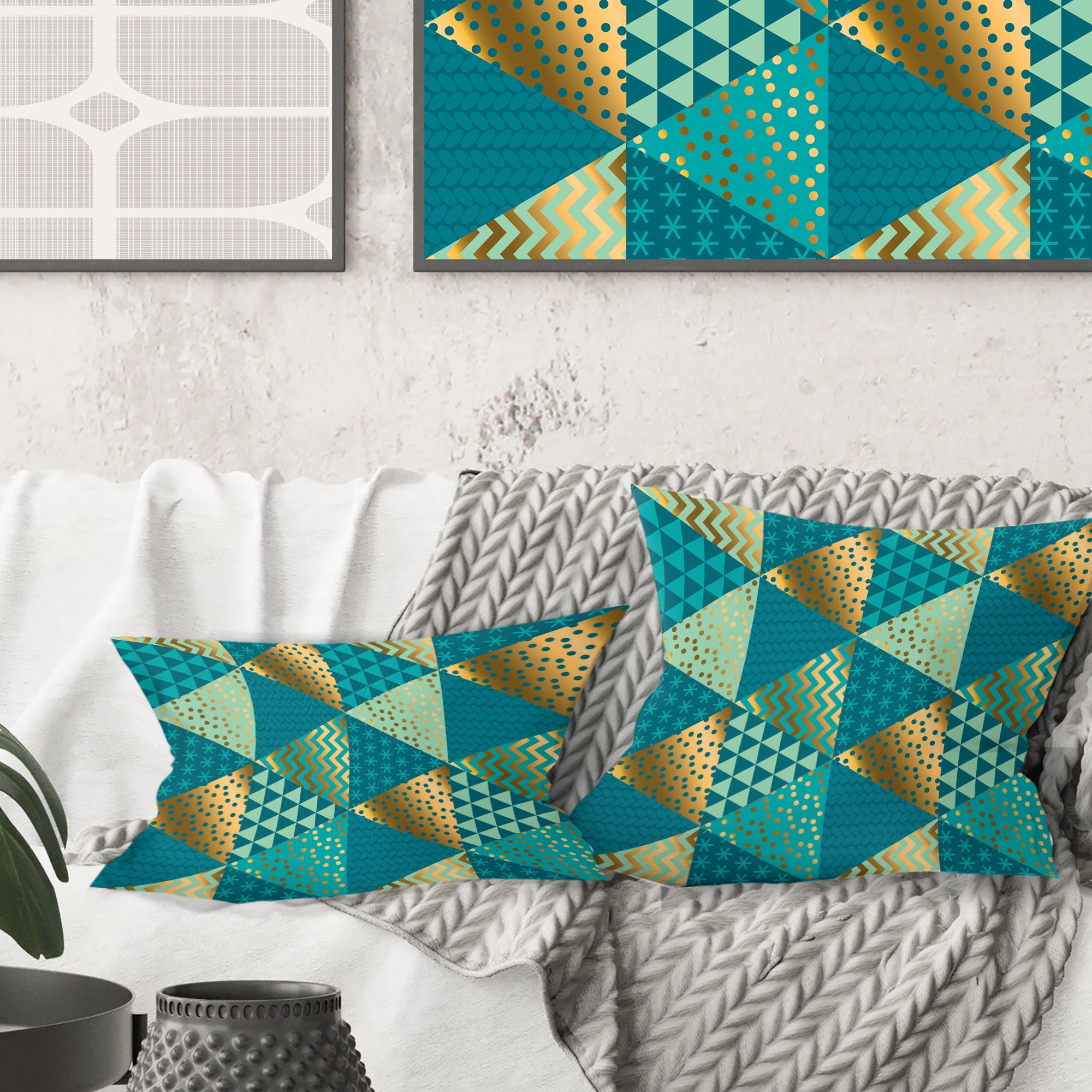 Designart Gold and Blue Dynamics I' Mid-Century Modern Throw Pillow - 18x18