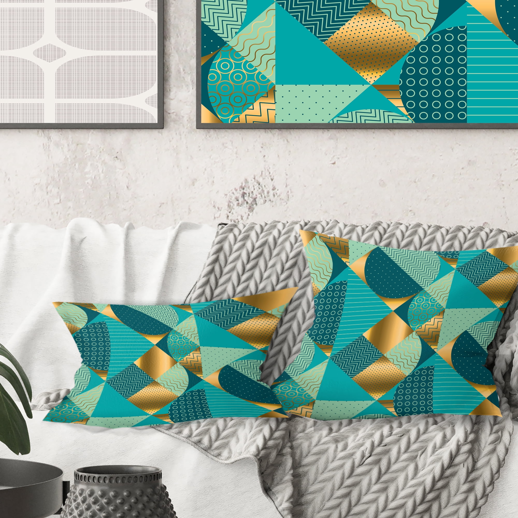 Designart Gold and Blue Dynamics II' Mid-Century Modern Throw Pillow - 16x16