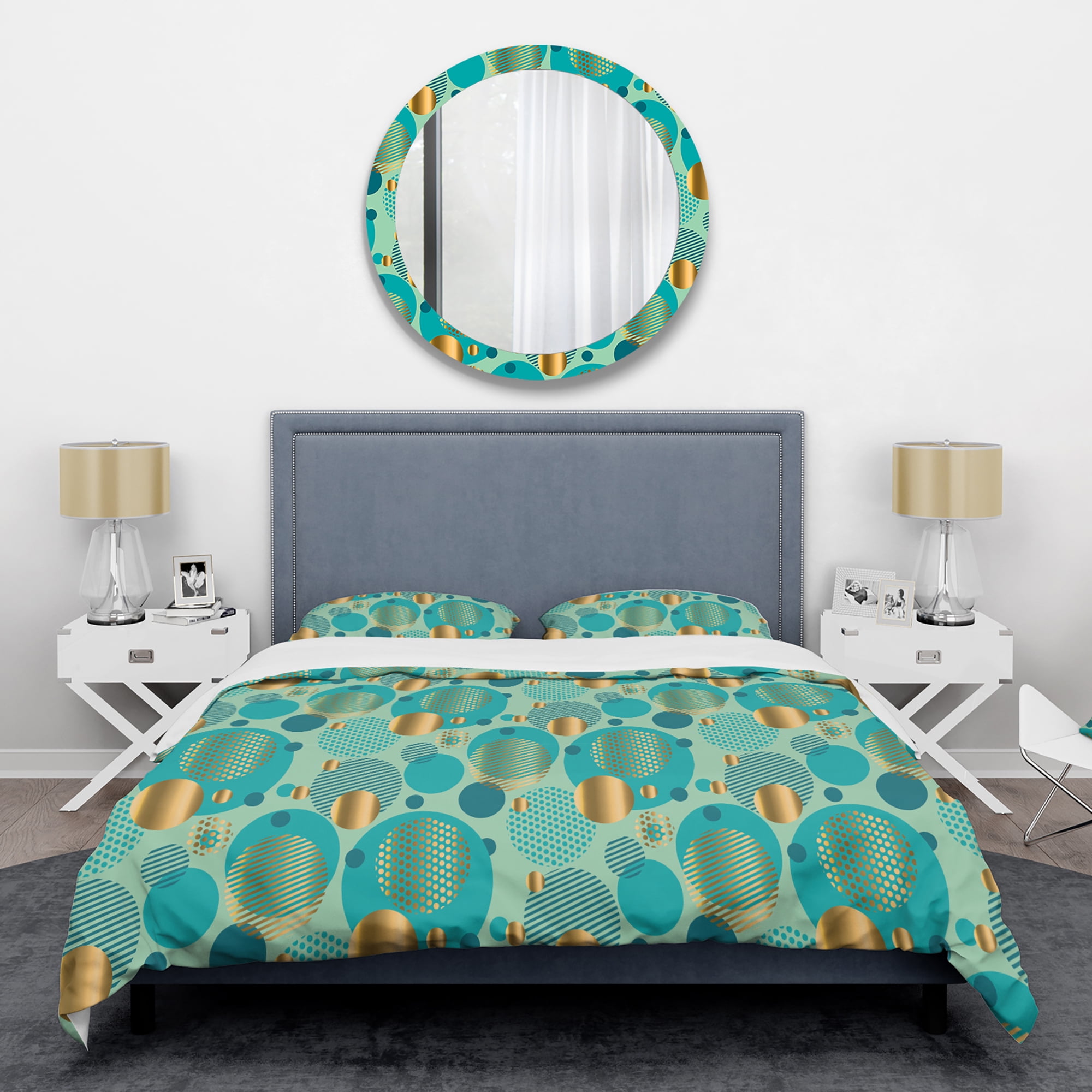 Designart 'Gold and Blue Dynamics III' Mid-Century Modern Duvet Cover Set