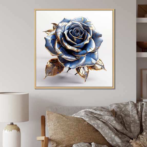 Designart "Gold and Blue Rose in Glass I" Floral Framed Wall Art - Blue Rose Bedroom Framed Canvas Wall Art