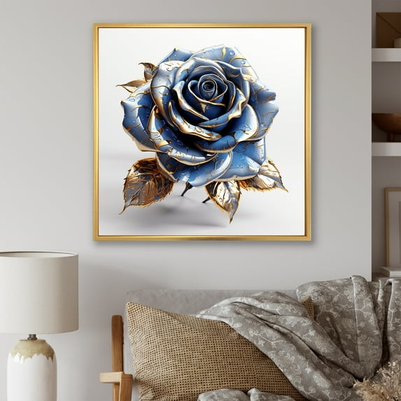 Designart "Gold and Blue Rose in Glass I" Floral Framed Wall Art - Blue Rose Bedroom Framed Canvas Wall Art