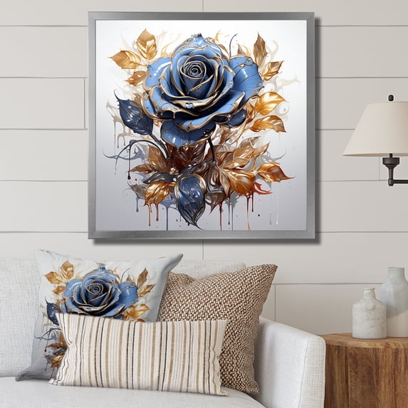 Designart "Gold and Blue Rose in Glass II" Floral Framed Wall Art Decor - Traditional Blue Rose Entryway Framed Wall Art Print