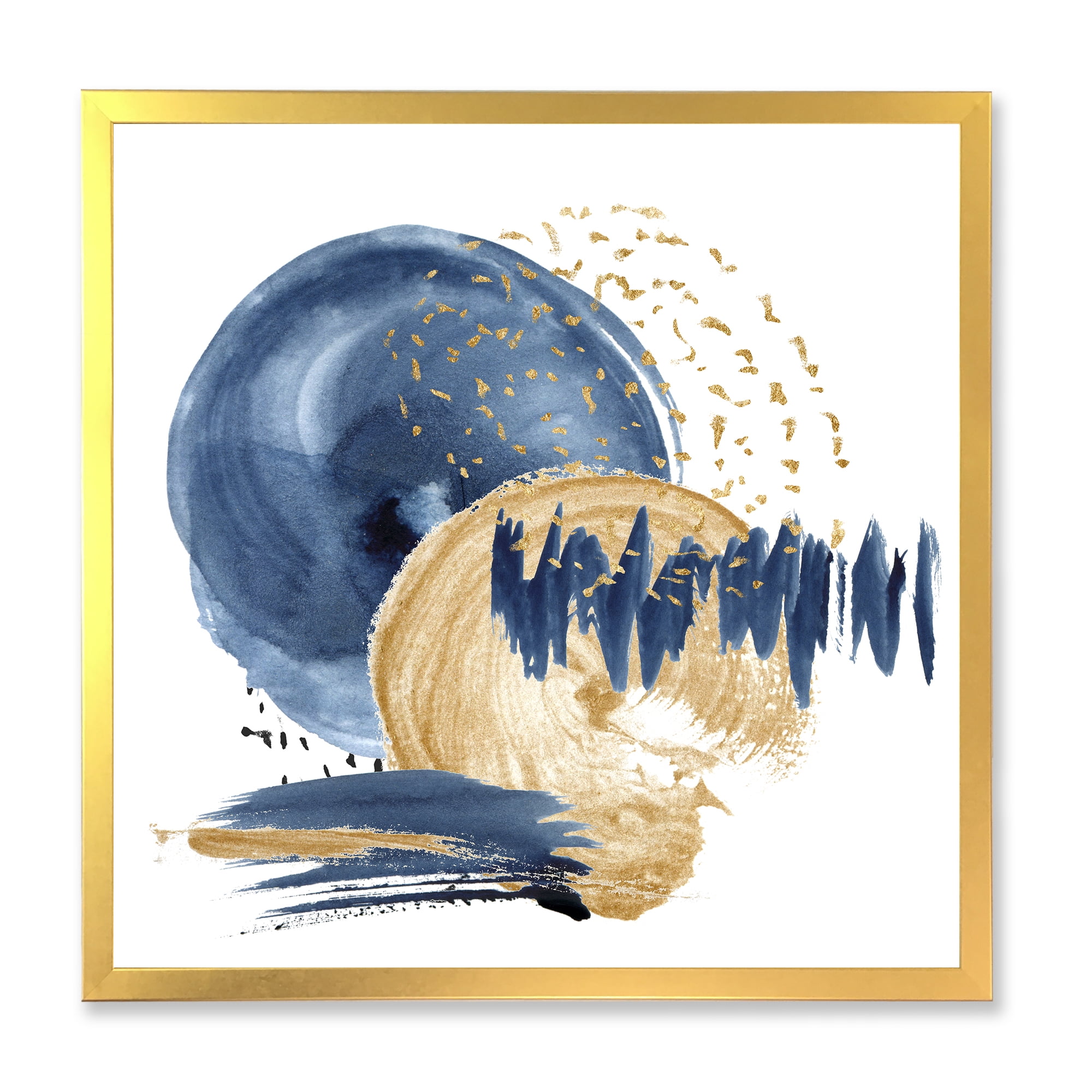 Designart 'Gold and Dark Blue Abstract Circle Ocean Texture' Modern Framed Art Print