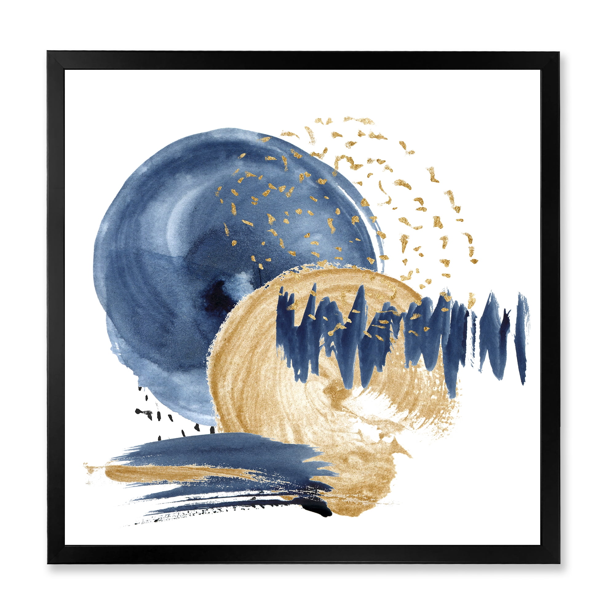Designart 'Gold and Dark Blue Abstract Circle Ocean Texture' Modern Framed Art Print