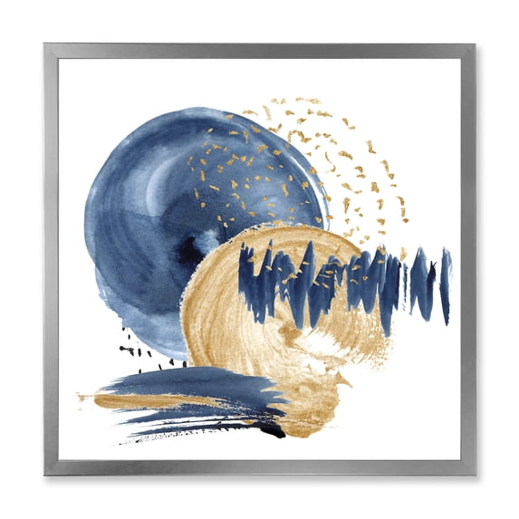 Designart 'Gold and Dark Blue Abstract Circle Ocean Texture' Modern Framed Art Print