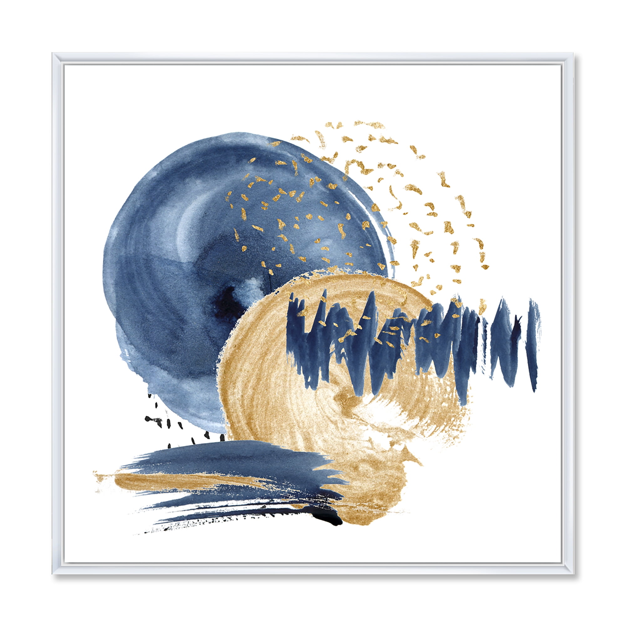 Designart 'Gold and Dark Blue Abstract Circle Ocean Texture' Modern Framed Canvas Wall Art Print