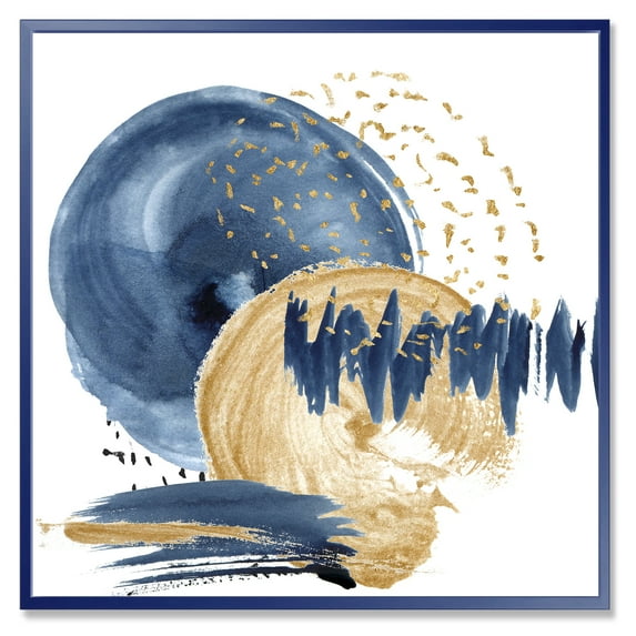 Designart 'Gold and Dark Blue Abstract Circle Ocean Texture' Modern Framed Canvas Wall Art Print