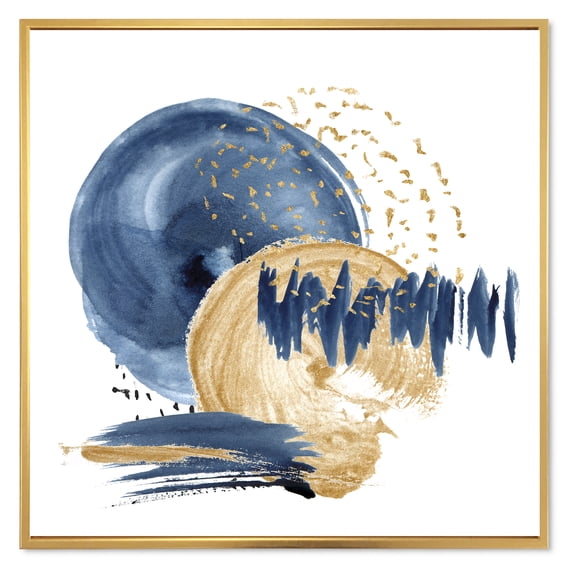 Designart 'Gold and Dark Blue Abstract Circle Ocean Texture' Modern Framed Canvas Wall Art Print