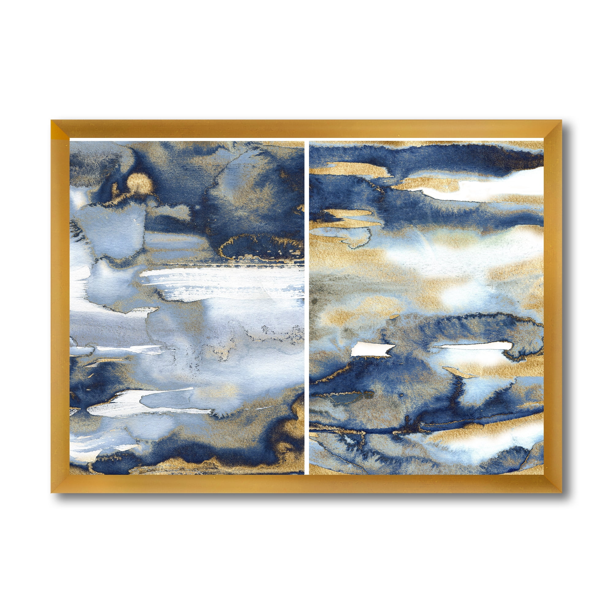 Designart 'Gold and Dark Blue Abstract II' Modern Framed Art Print