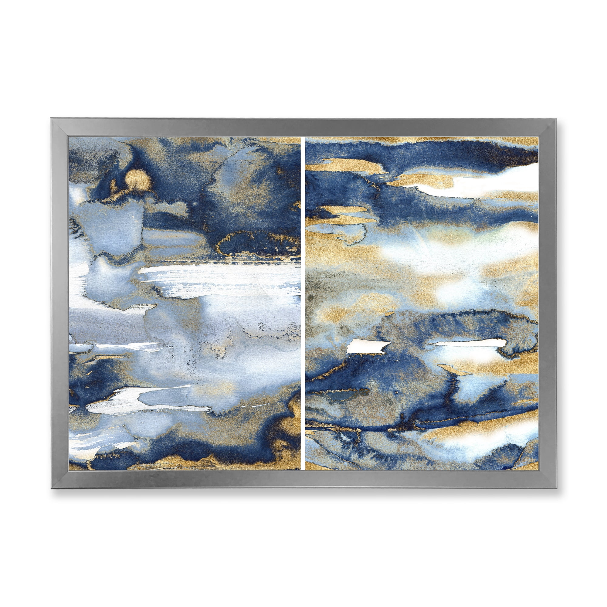 Designart 'Gold and Dark Blue Abstract II' Modern Framed Art Print