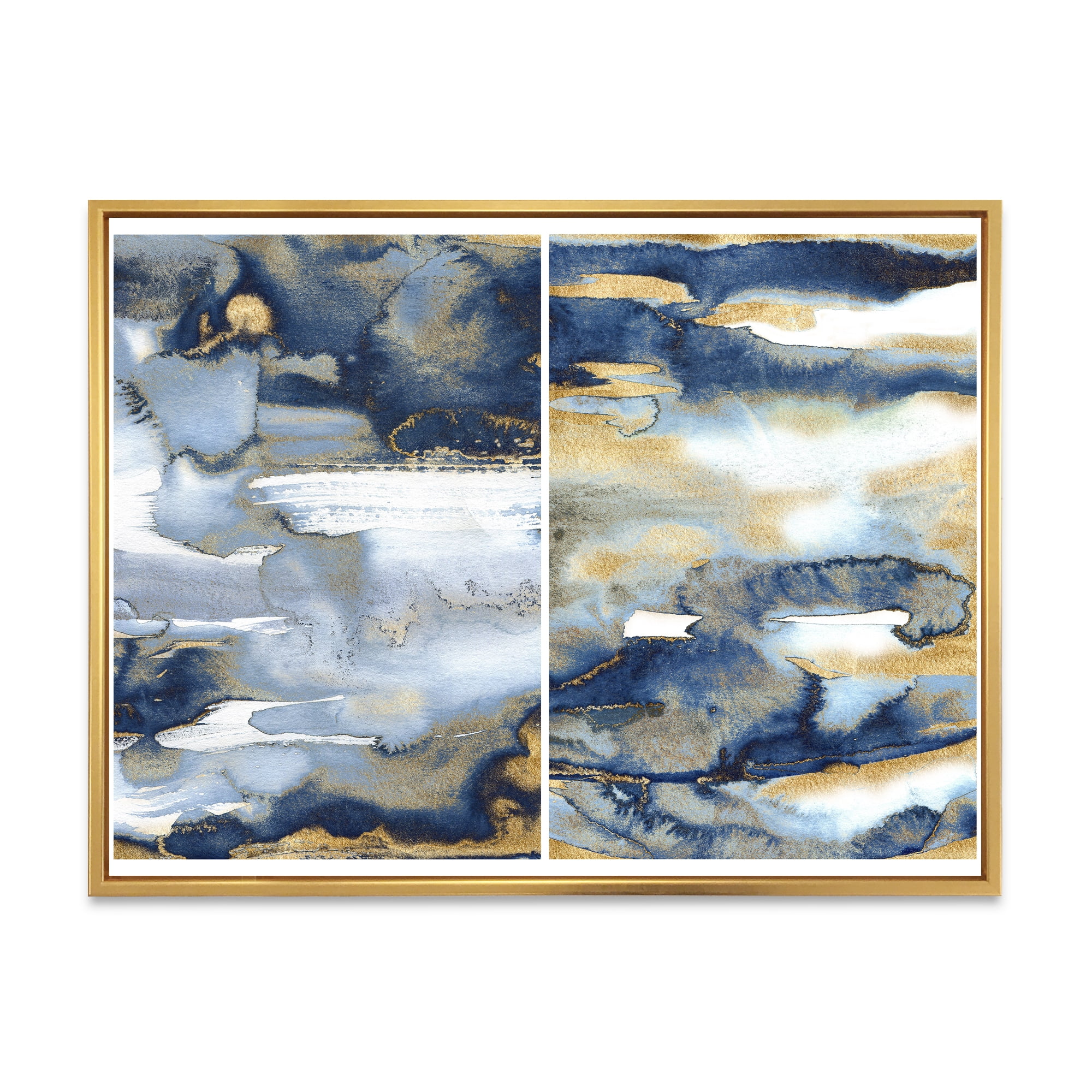 Designart 'Gold and Dark Blue Abstract II' Modern Framed Canvas Wall Art Print