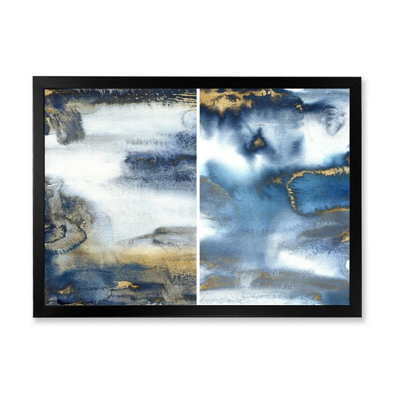 Designart 'Gold and Dark Blue Abstract Waves I' Modern Framed Art Print