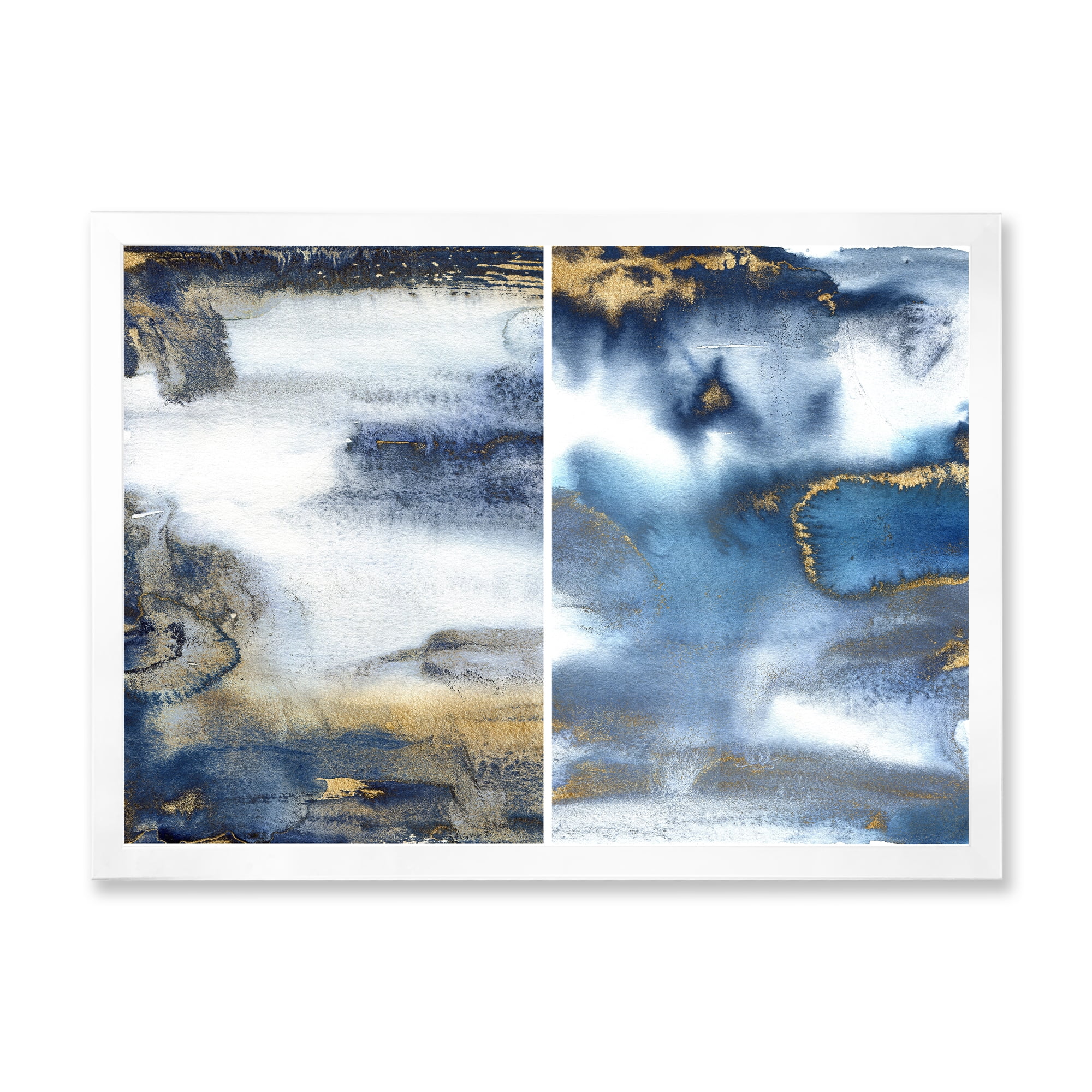 Designart 'Gold and Dark Blue Abstract Waves I' Modern Framed Art Print