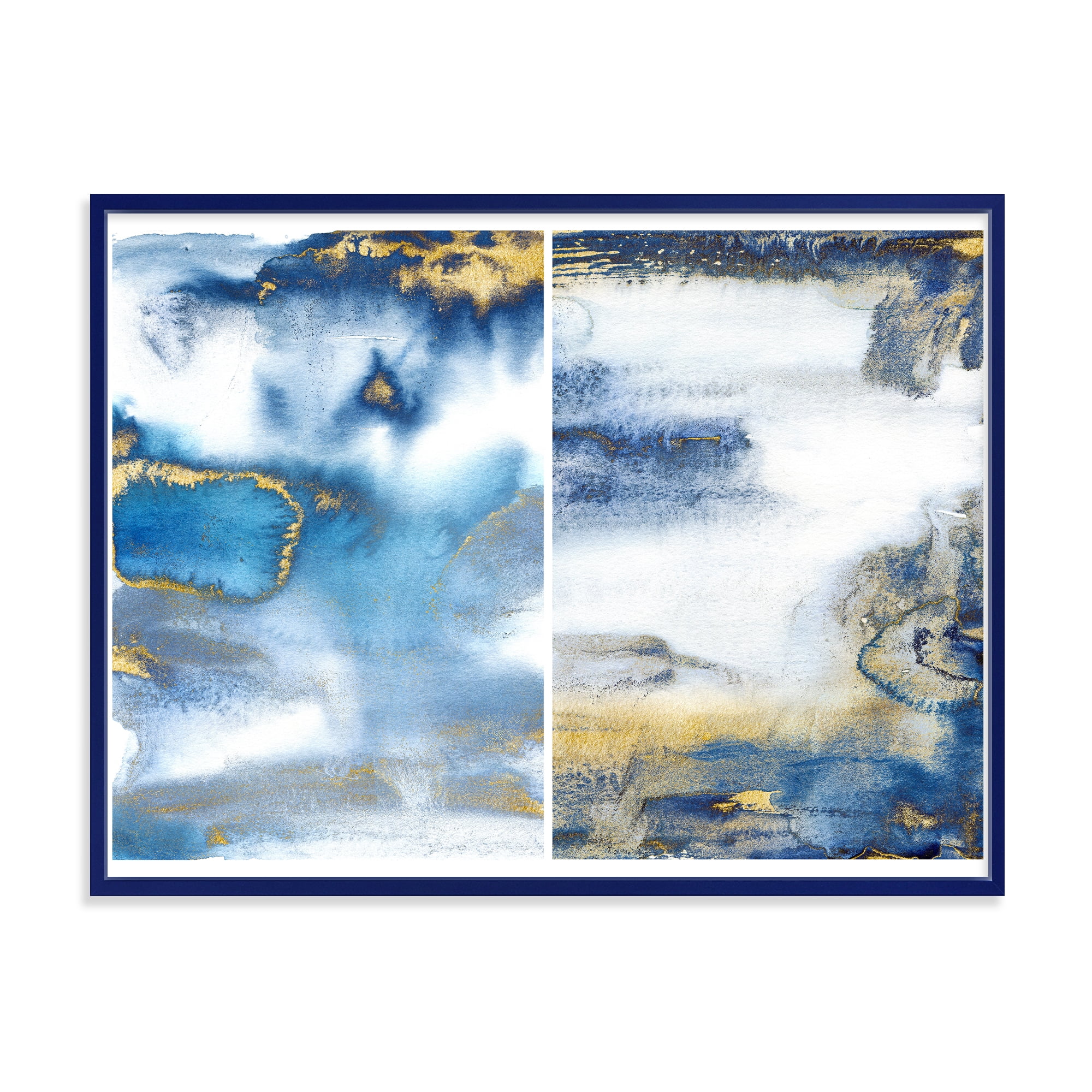 Designart 'Gold and Dark Blue Abstract Waves I' Modern Framed Canvas Wall Art Print
