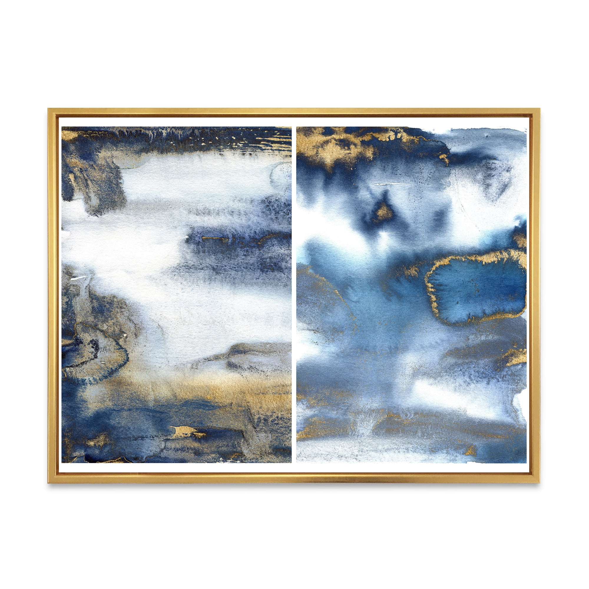 Designart 'Gold and Dark Blue Abstract Waves I' Modern Framed Canvas Wall Art Print