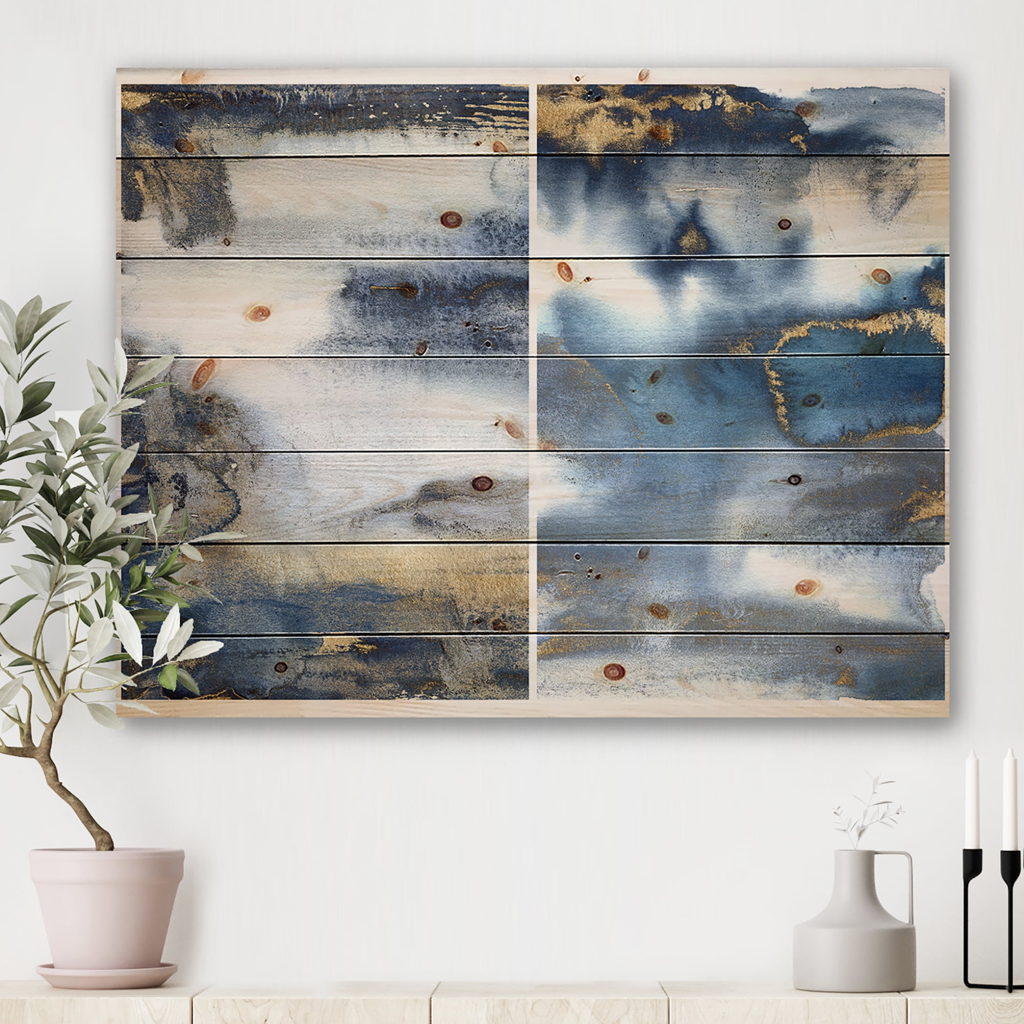 Designart 'Gold and Dark Blue Abstract Waves I' Modern Print on Natural Pine Wood
