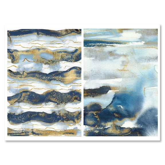 Designart ' Gold and Dark Blue Abstract Waves II ' Modern Canvas Wall Art Print