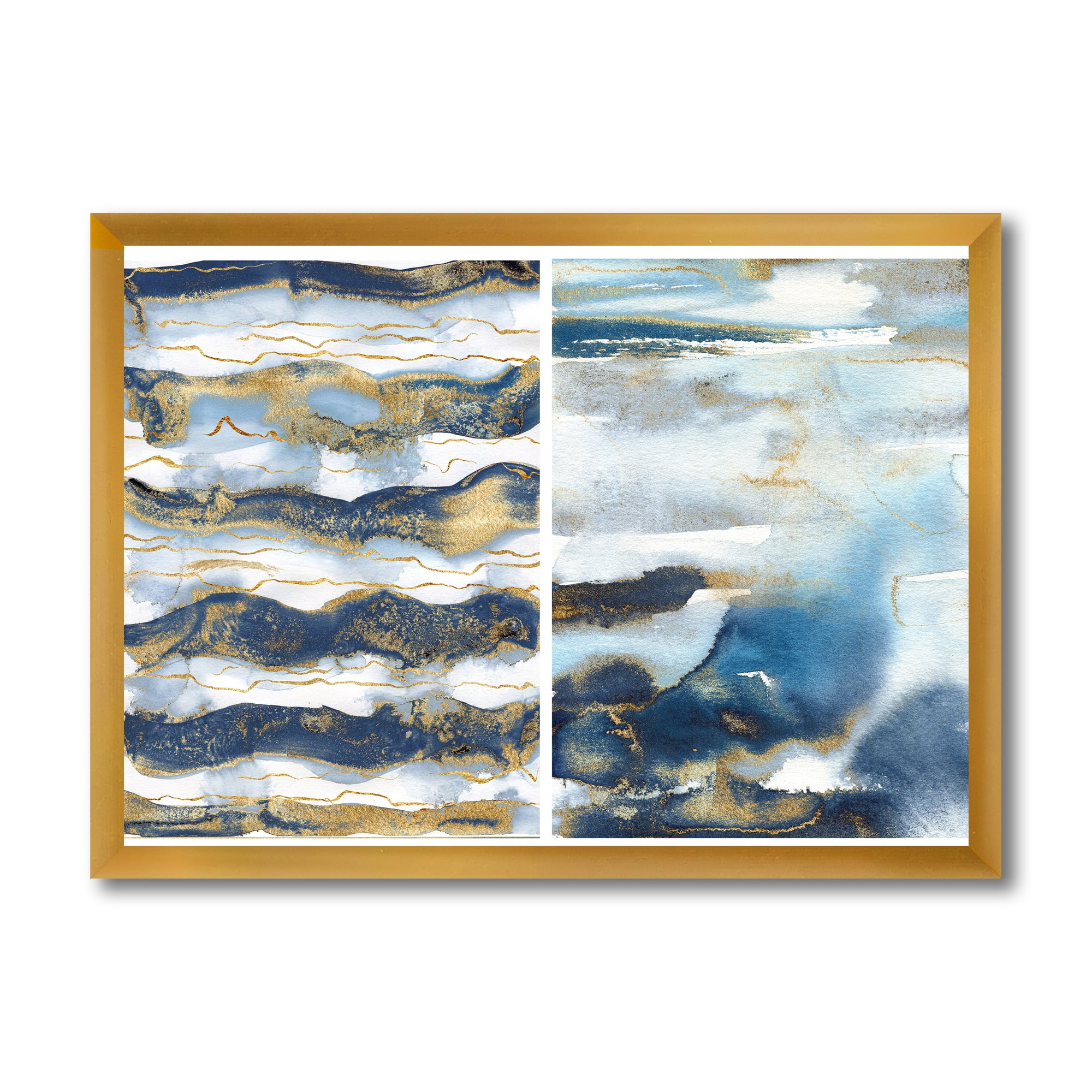 Designart 'Gold and Dark Blue Abstract Waves II' Modern Framed Art Print