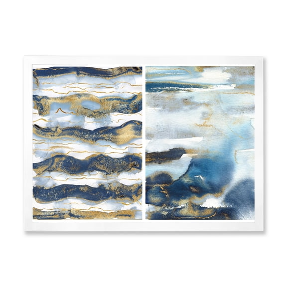 Designart 'Gold and Dark Blue Abstract Waves II' Modern Framed Art Print