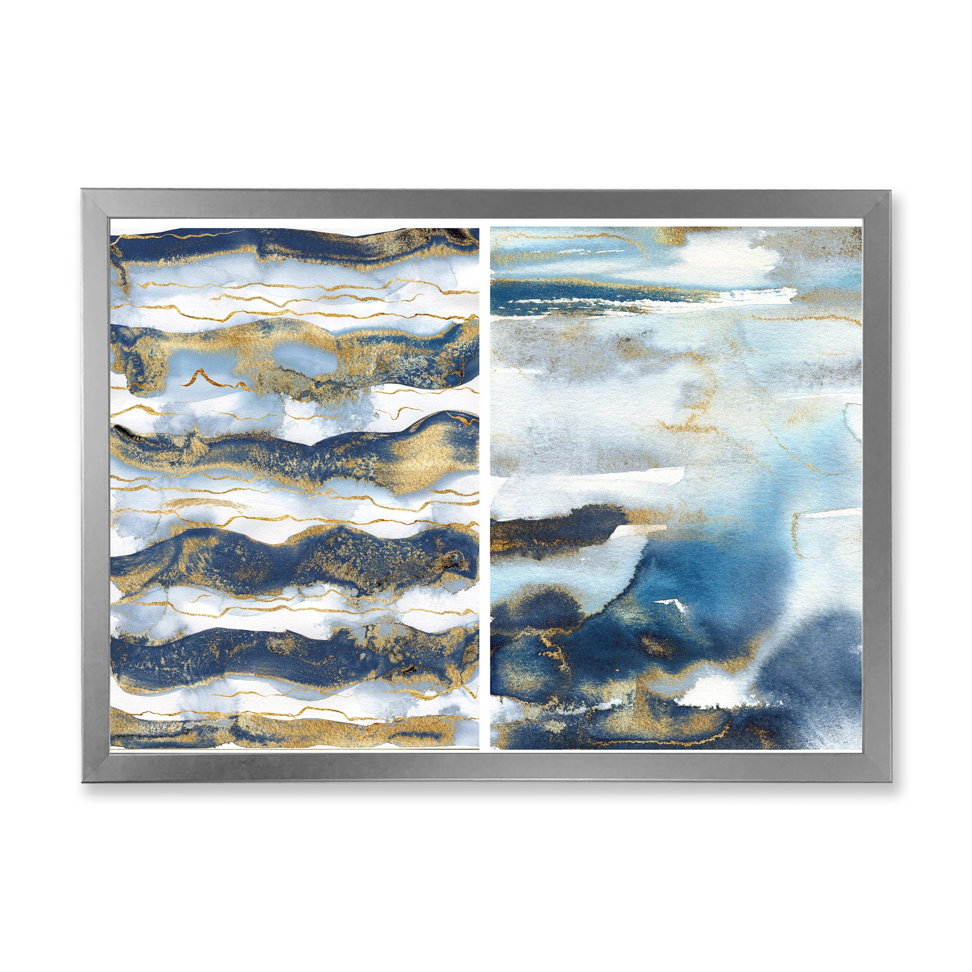 Designart 'Gold and Dark Blue Abstract Waves II' Modern Framed Art Print