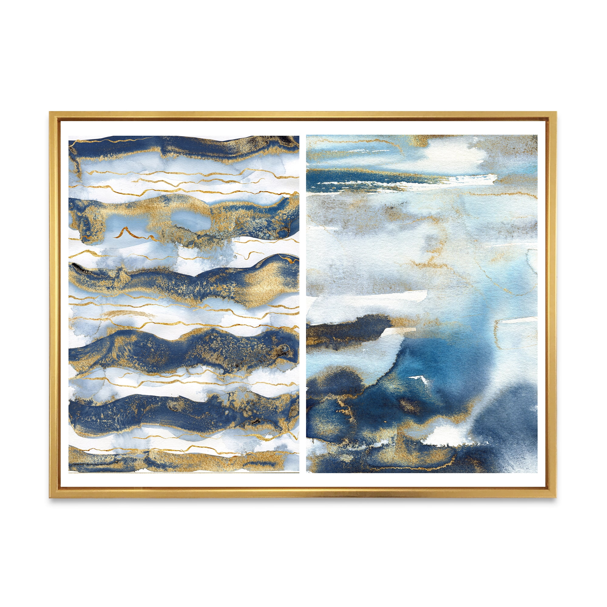 Designart 'Gold and Dark Blue Abstract Waves II' Modern Framed Canvas Wall Art Print