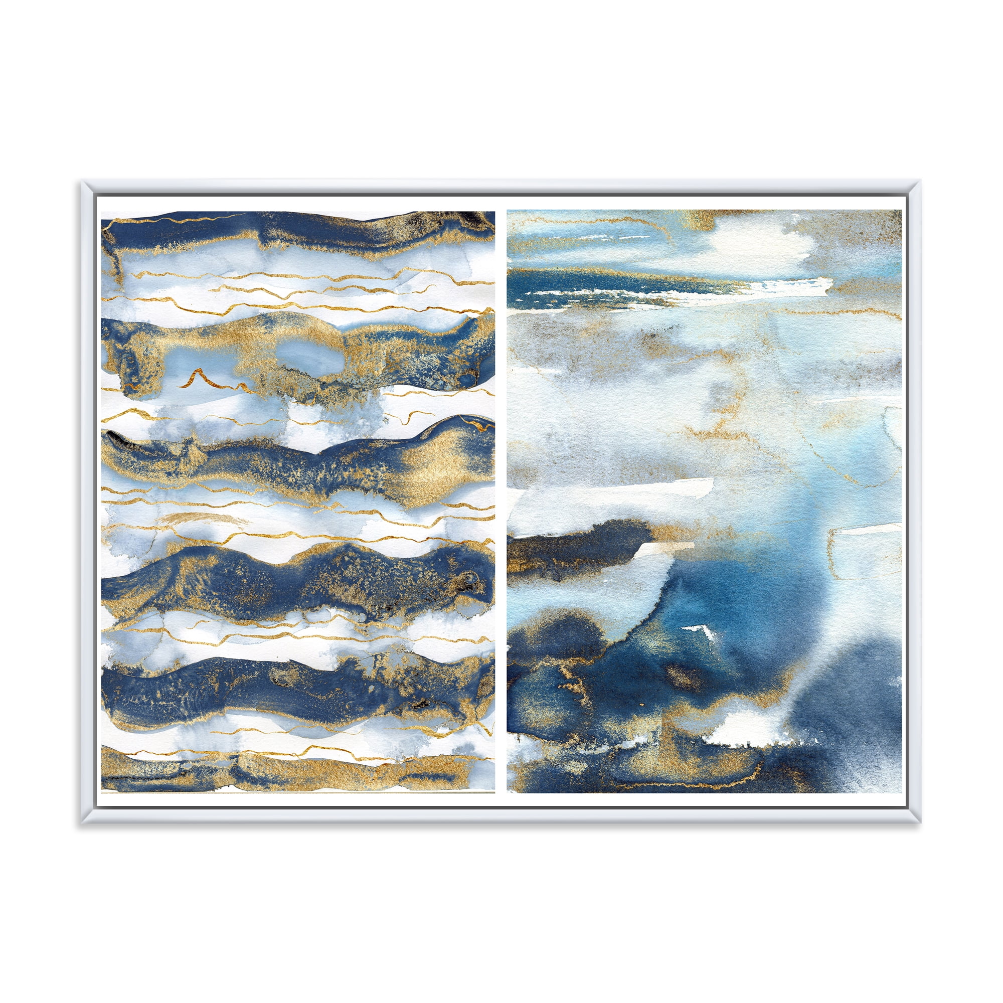 Designart 'Gold and Dark Blue Abstract Waves II' Modern Framed Canvas Wall Art Print