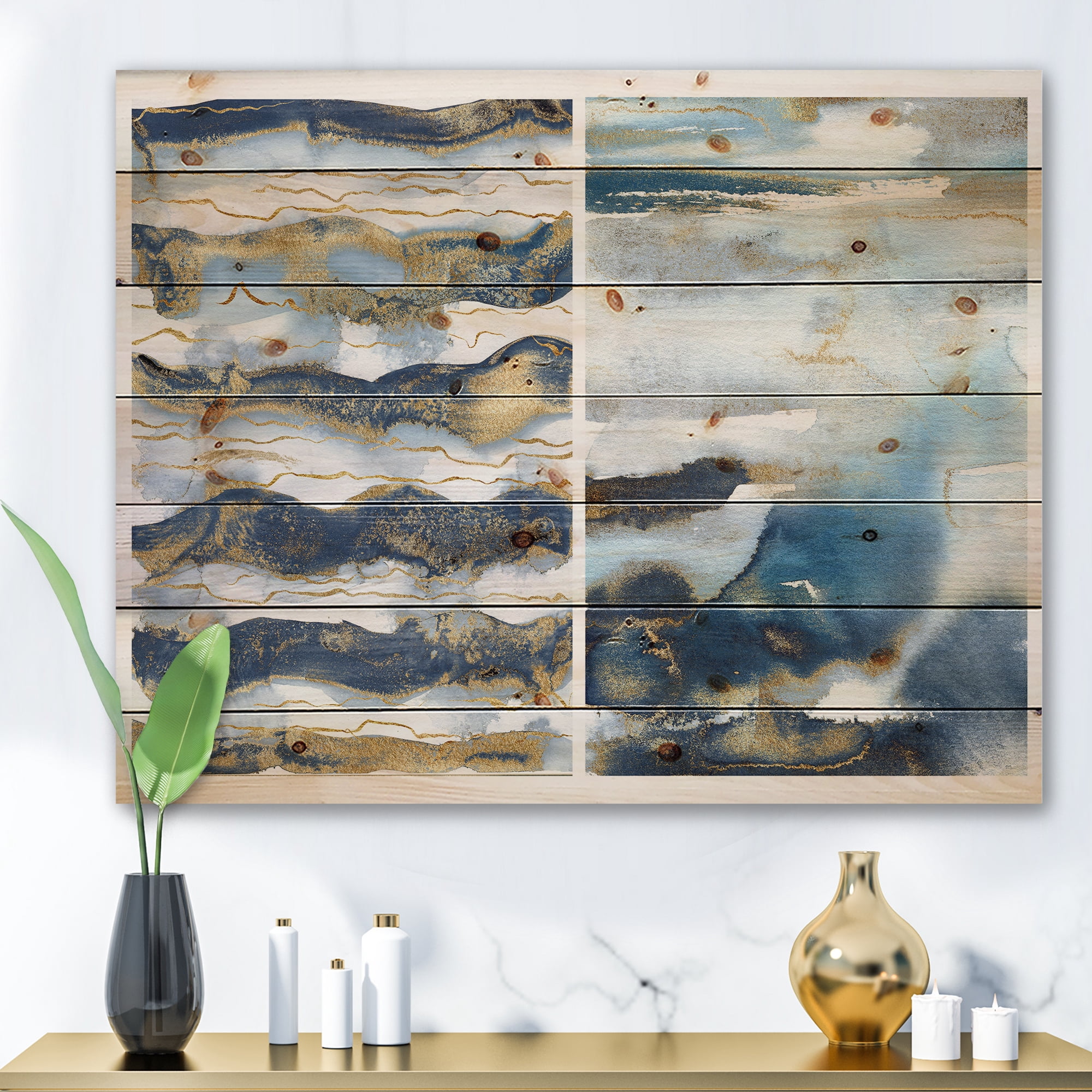 Designart 'Gold and Dark Blue Abstract Waves II' Modern Print on Natural Pine Wood