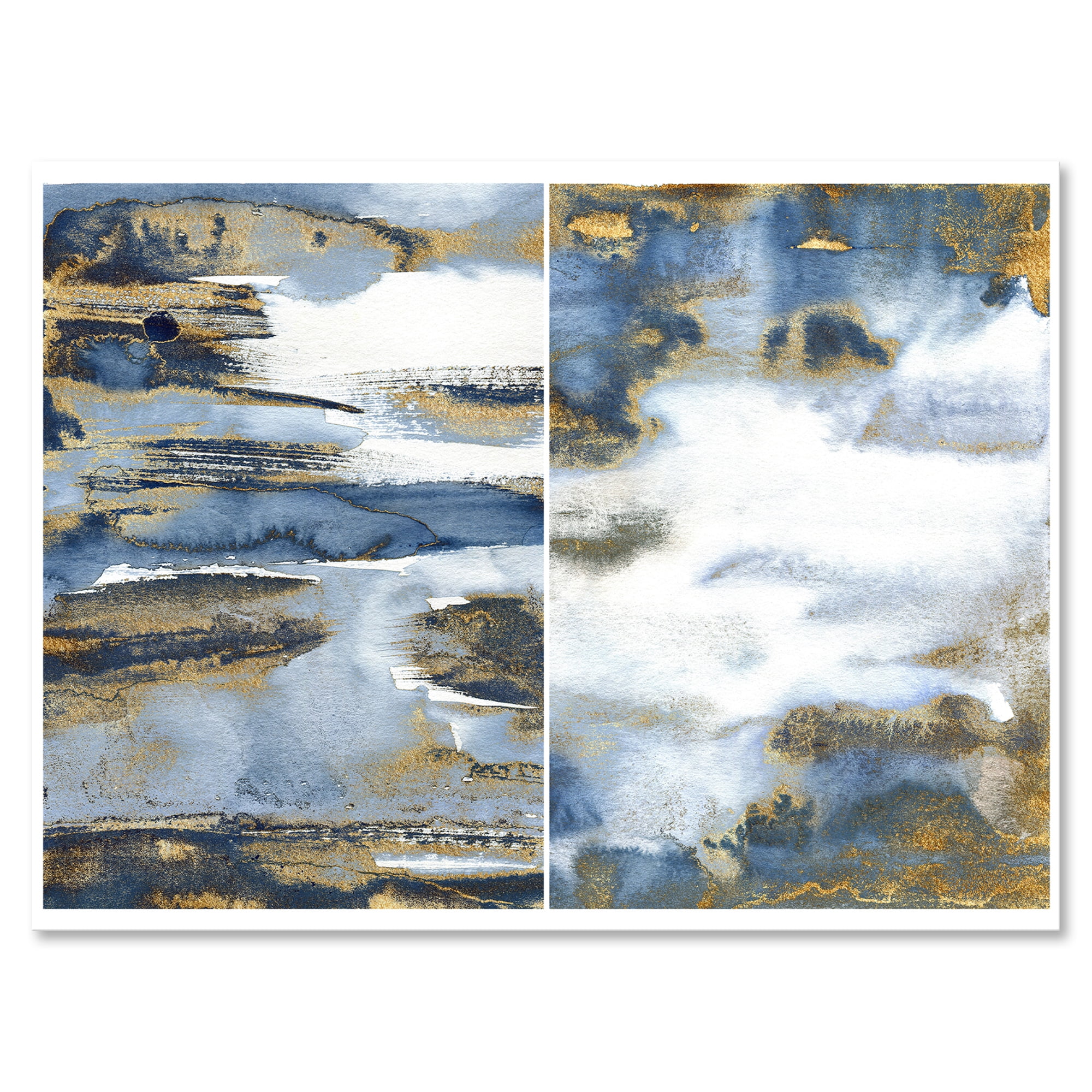 Designart ' Gold and Dark Blue Abstract Waves III ' Modern Canvas Wall Art Print