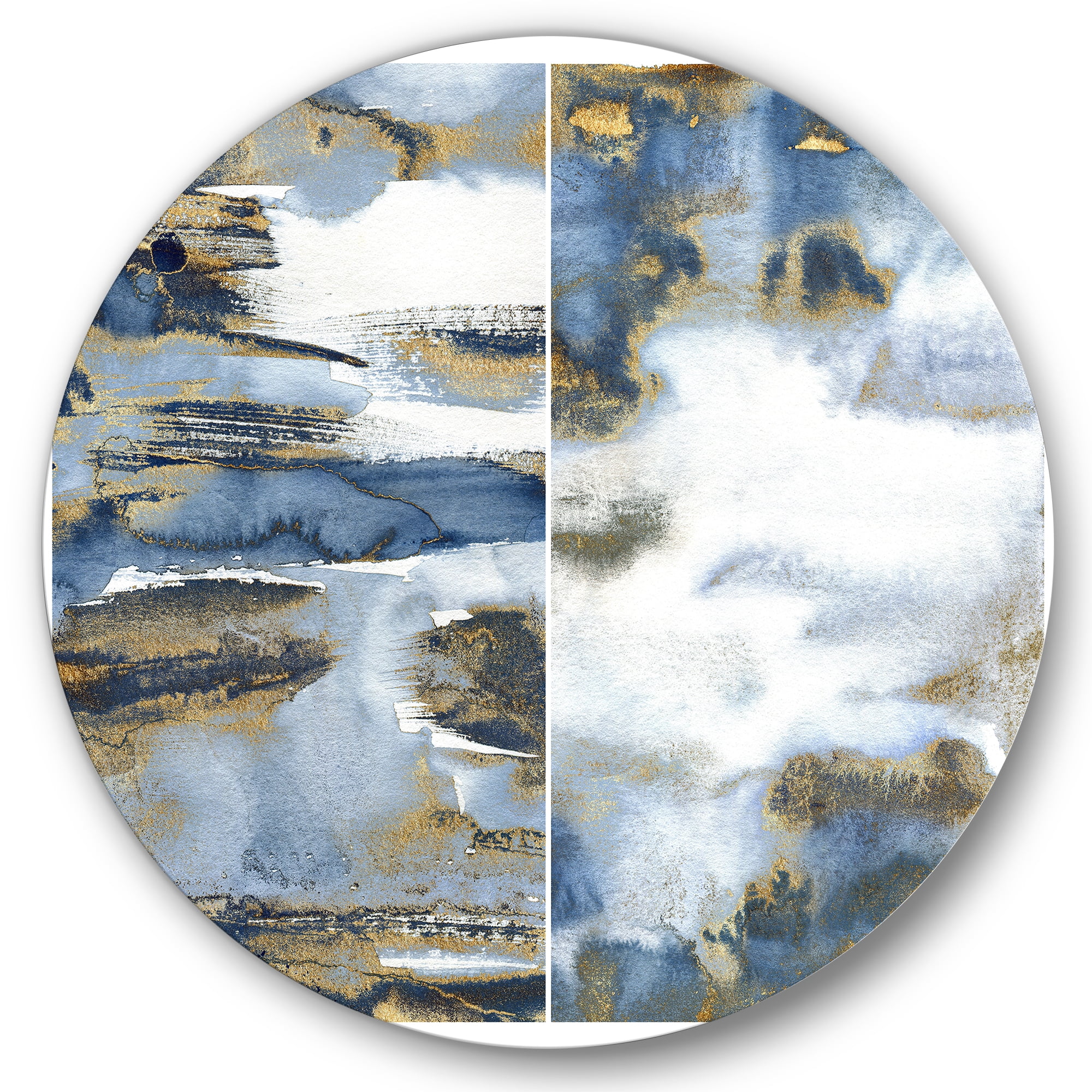 Designart 'Gold and Dark Blue Abstract Waves III' Modern Circle Metal Wall Art 23x23 - Disc of 23